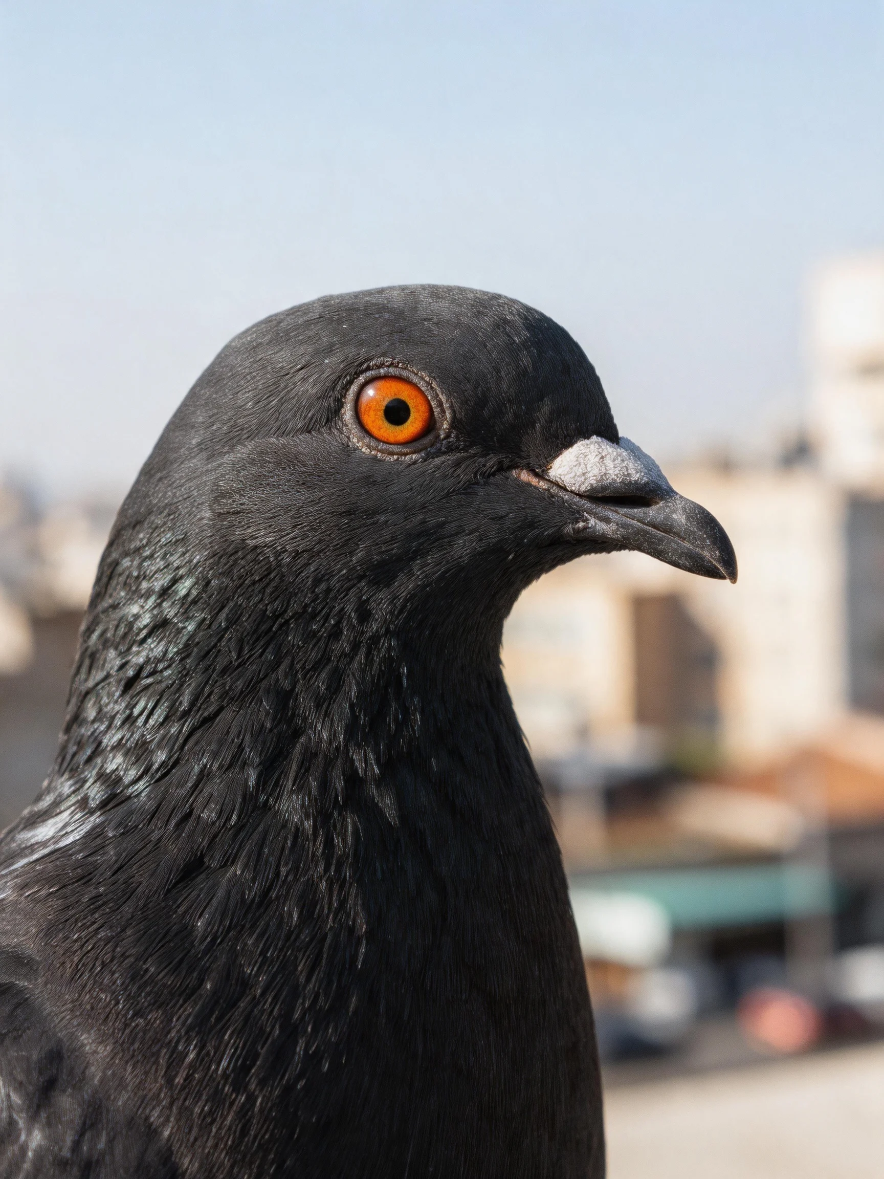 A sleek black pigeon with bright orange eye against city buildings