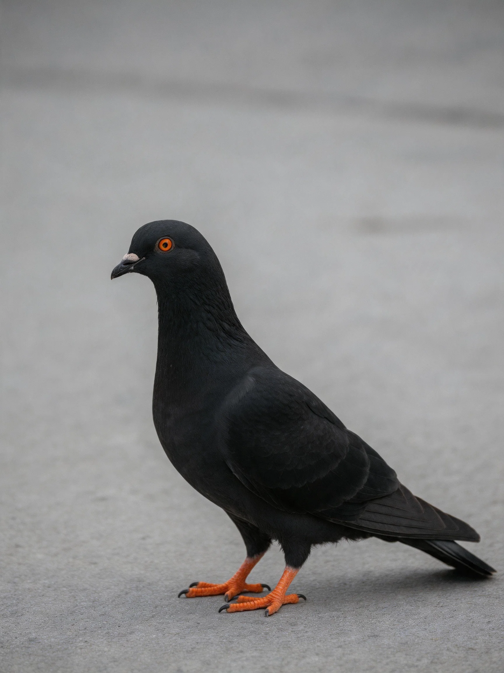 A sleek black pigeon with bright orange eyes and feet on pavement