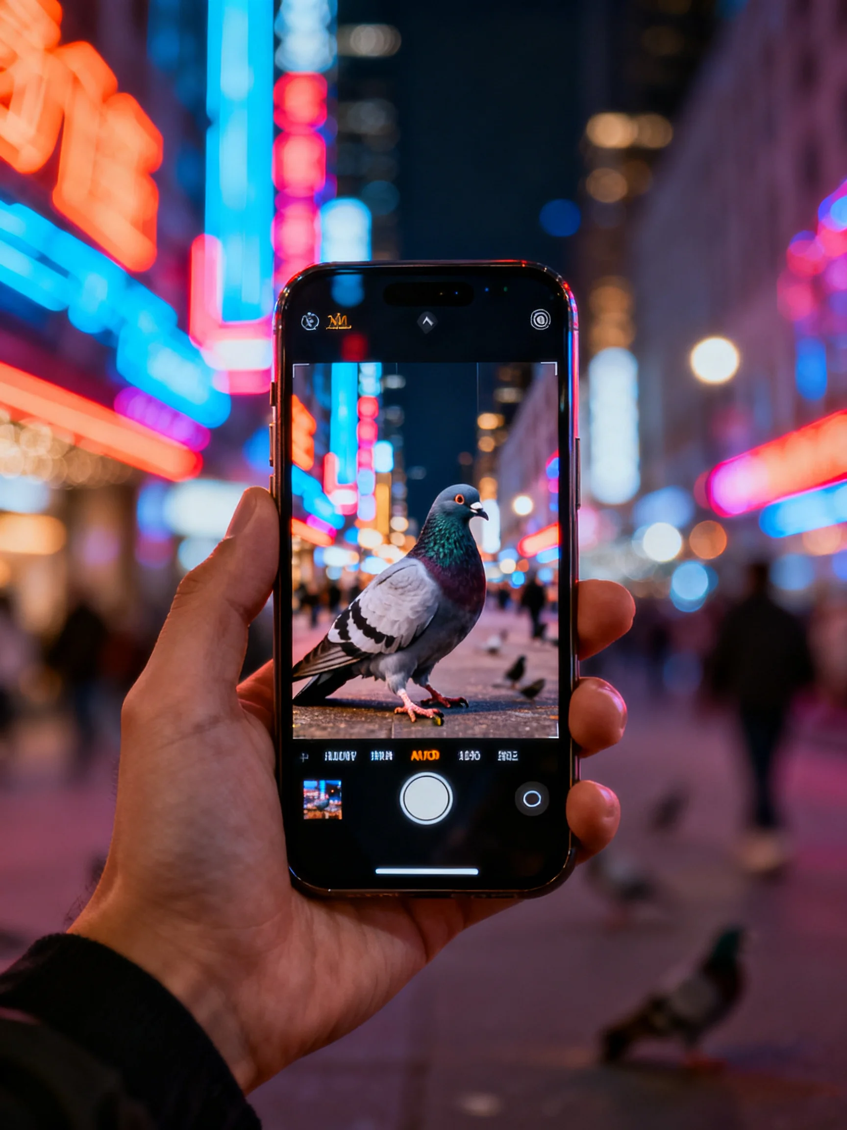 A smartphone photographs a colorful pigeon in a neon-lit urban setting
