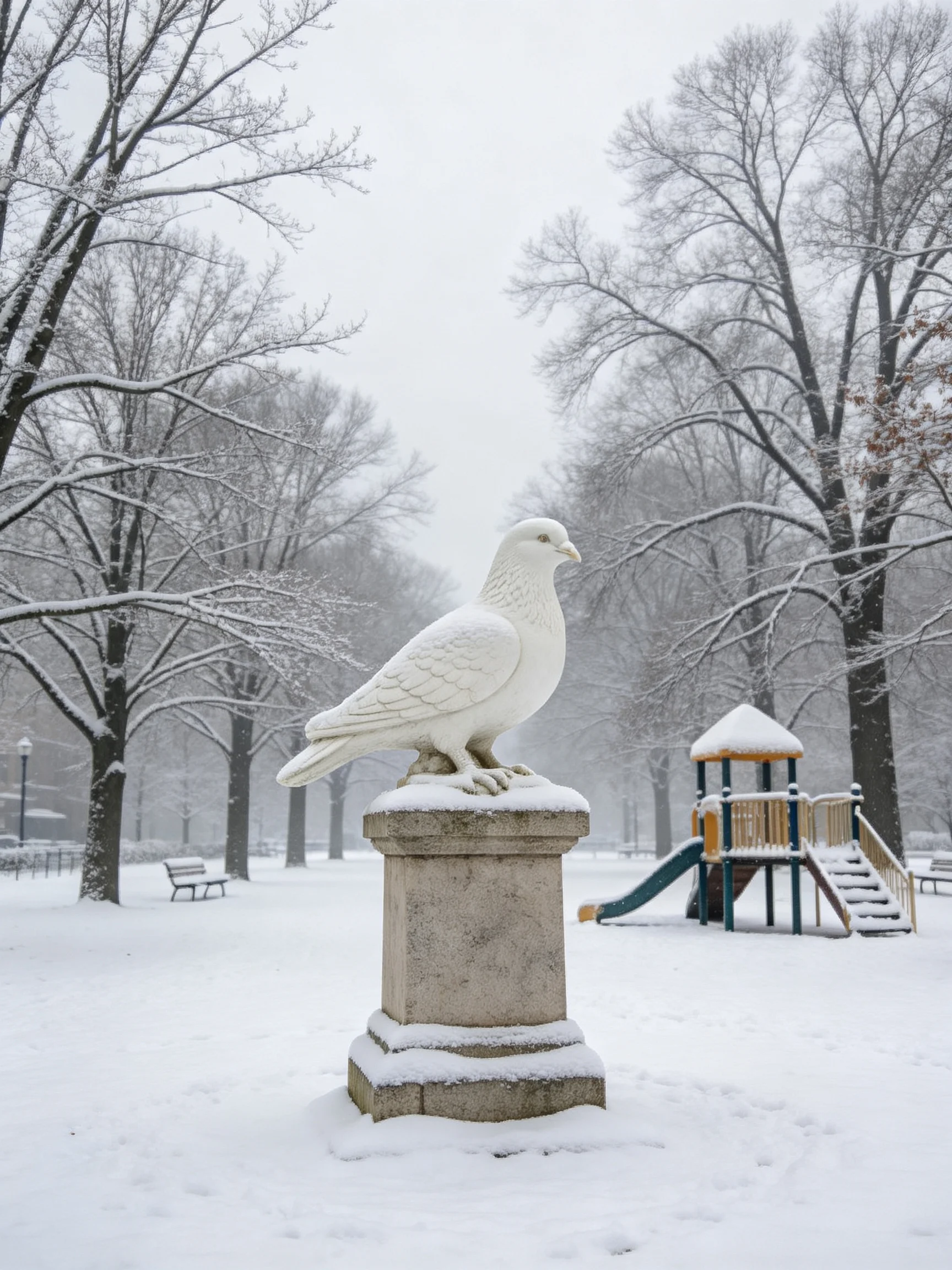 A snowy park with a white bird sculpture near playground structures