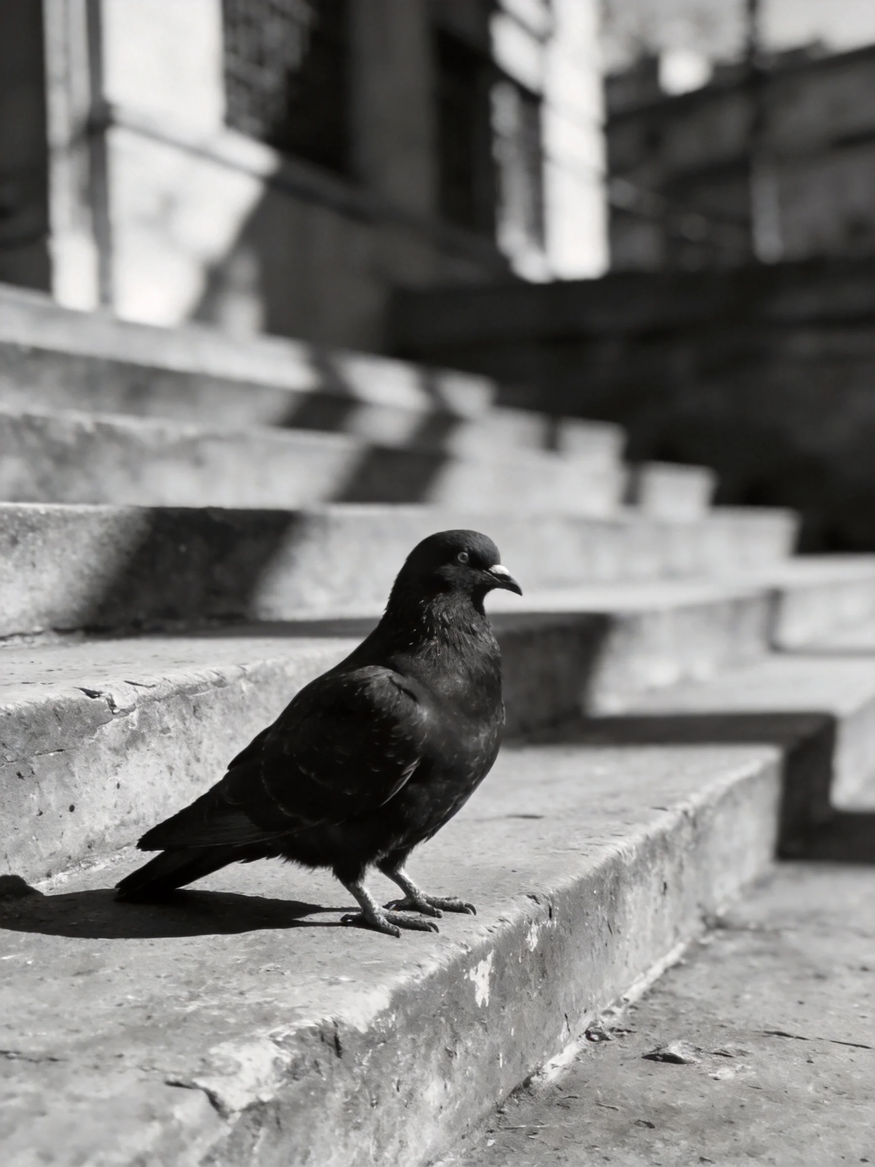 A solitary black pigeon perched on weathered stone steps