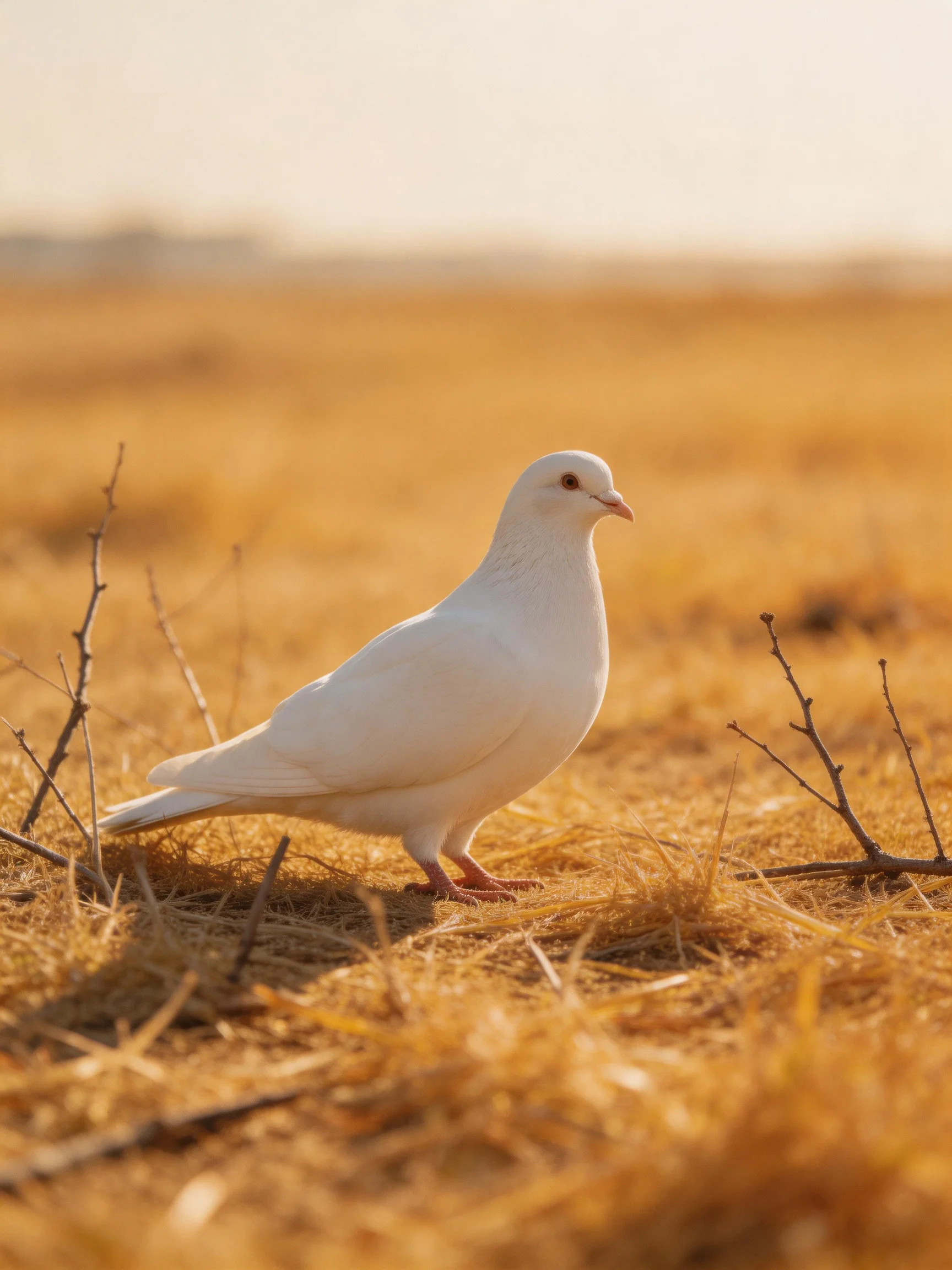 A solitary white dove in golden dry grassland