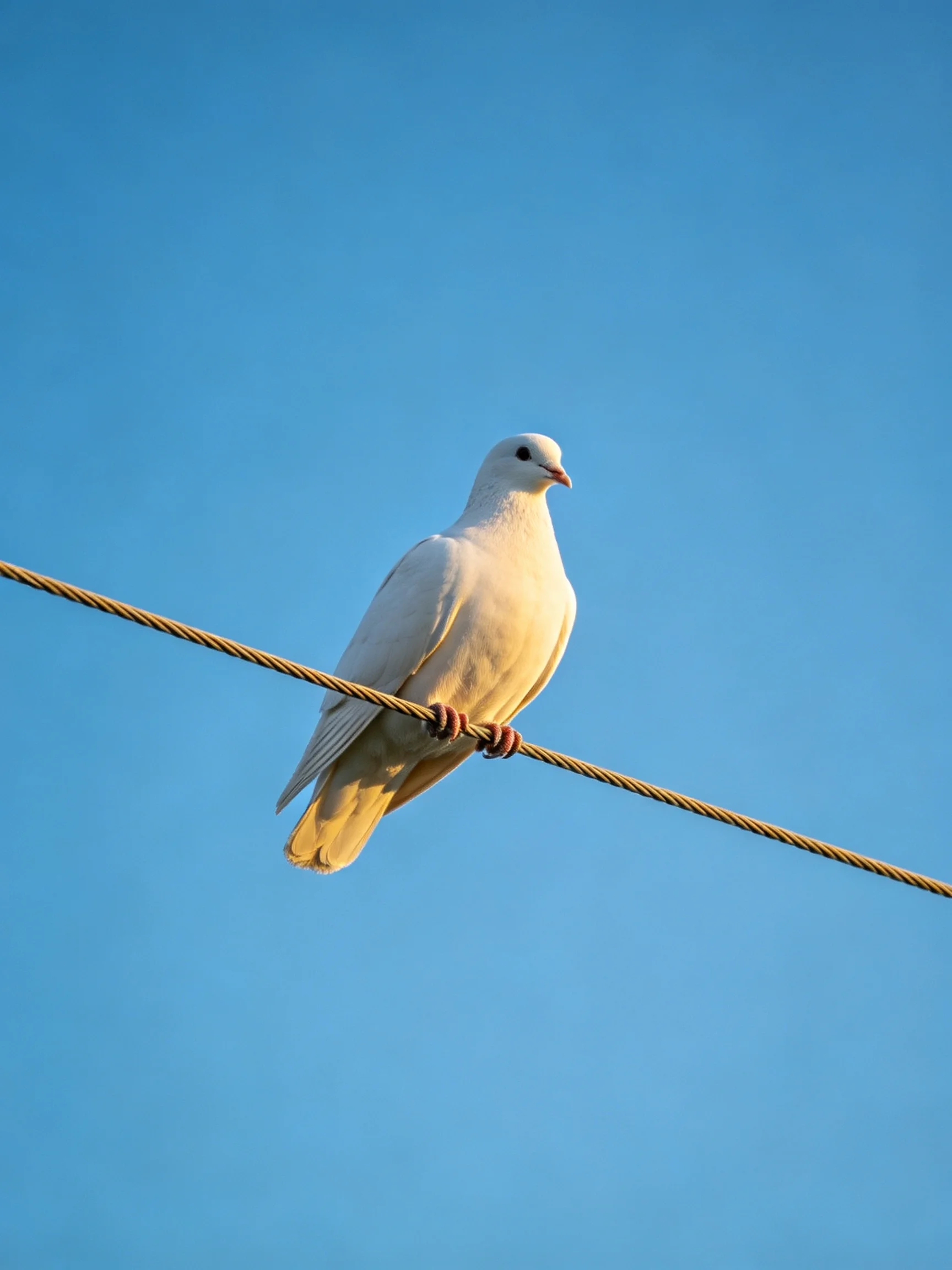 A solitary white dove perched on a twisted wire under bright blue sky
