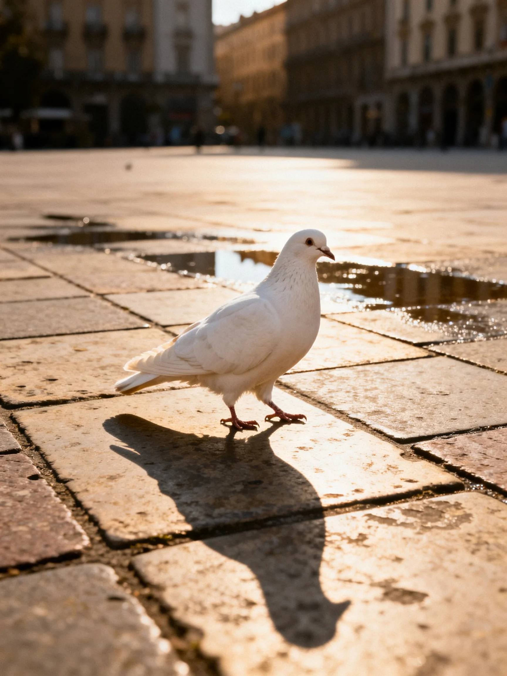 A solitary white pigeon on a sunlit cobblestone square near historic buildings