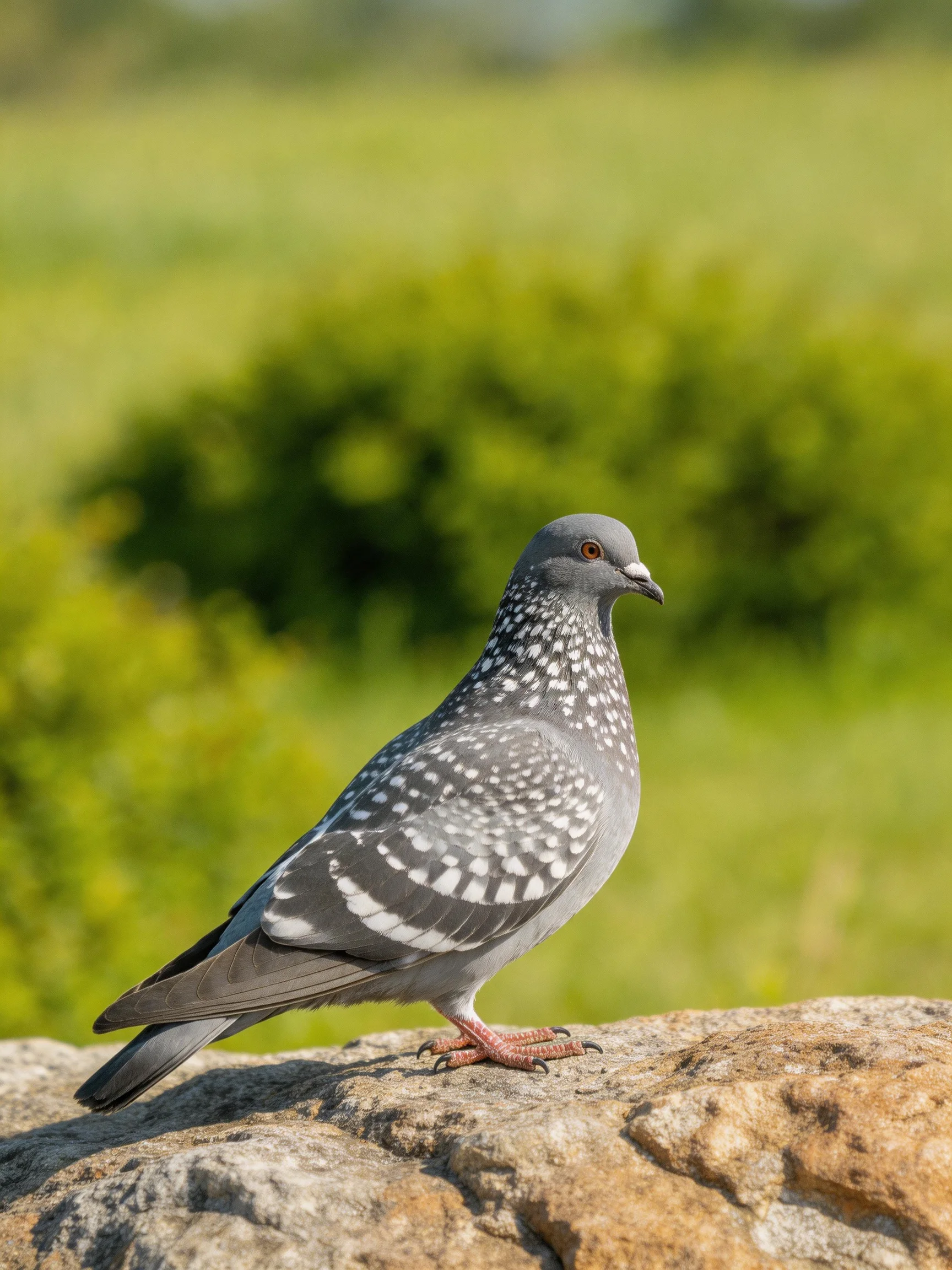 A speckled gray pigeon perches on a rugged rock with green landscape