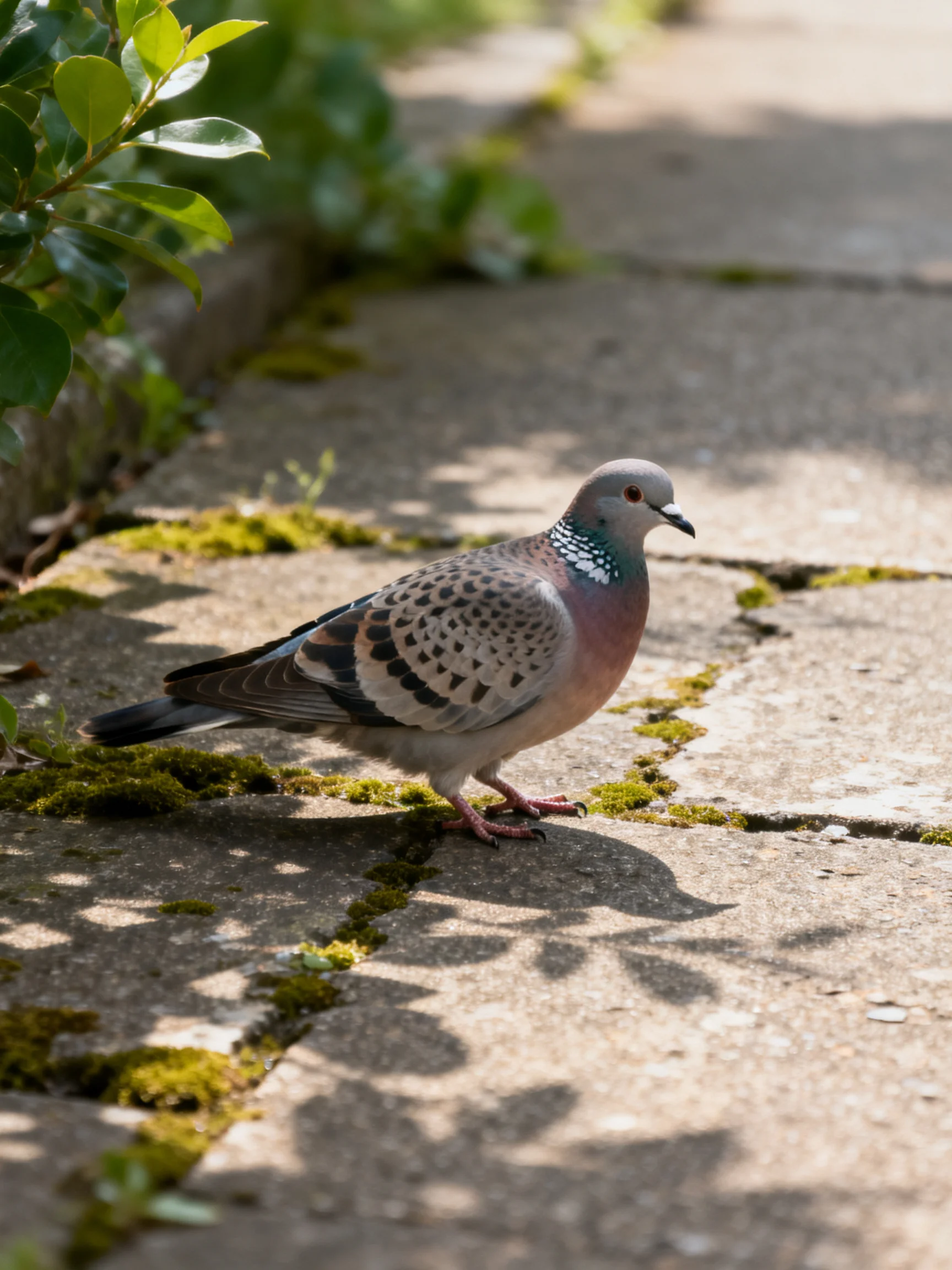 A speckled pigeon on a mossy stone walkway near green shrubs