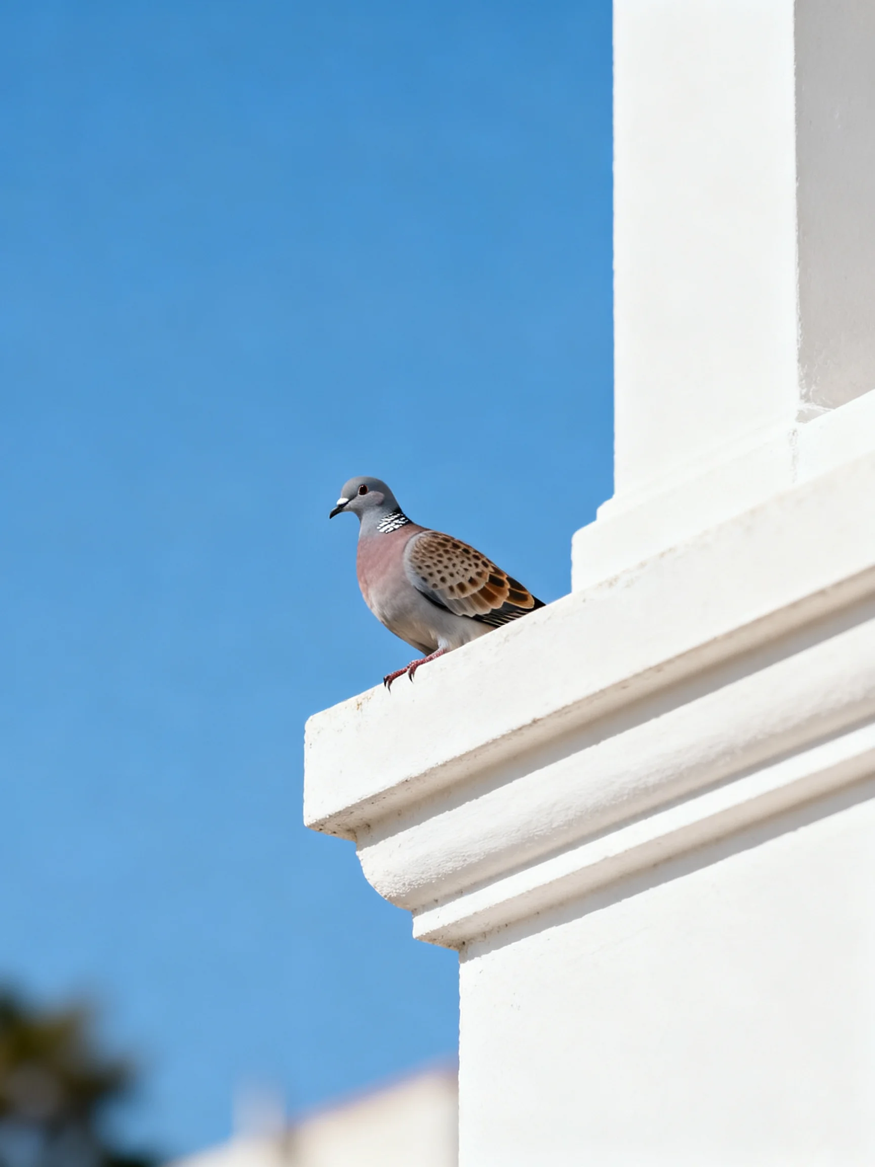 A speckled pigeon perches on a bright white architectural ledge