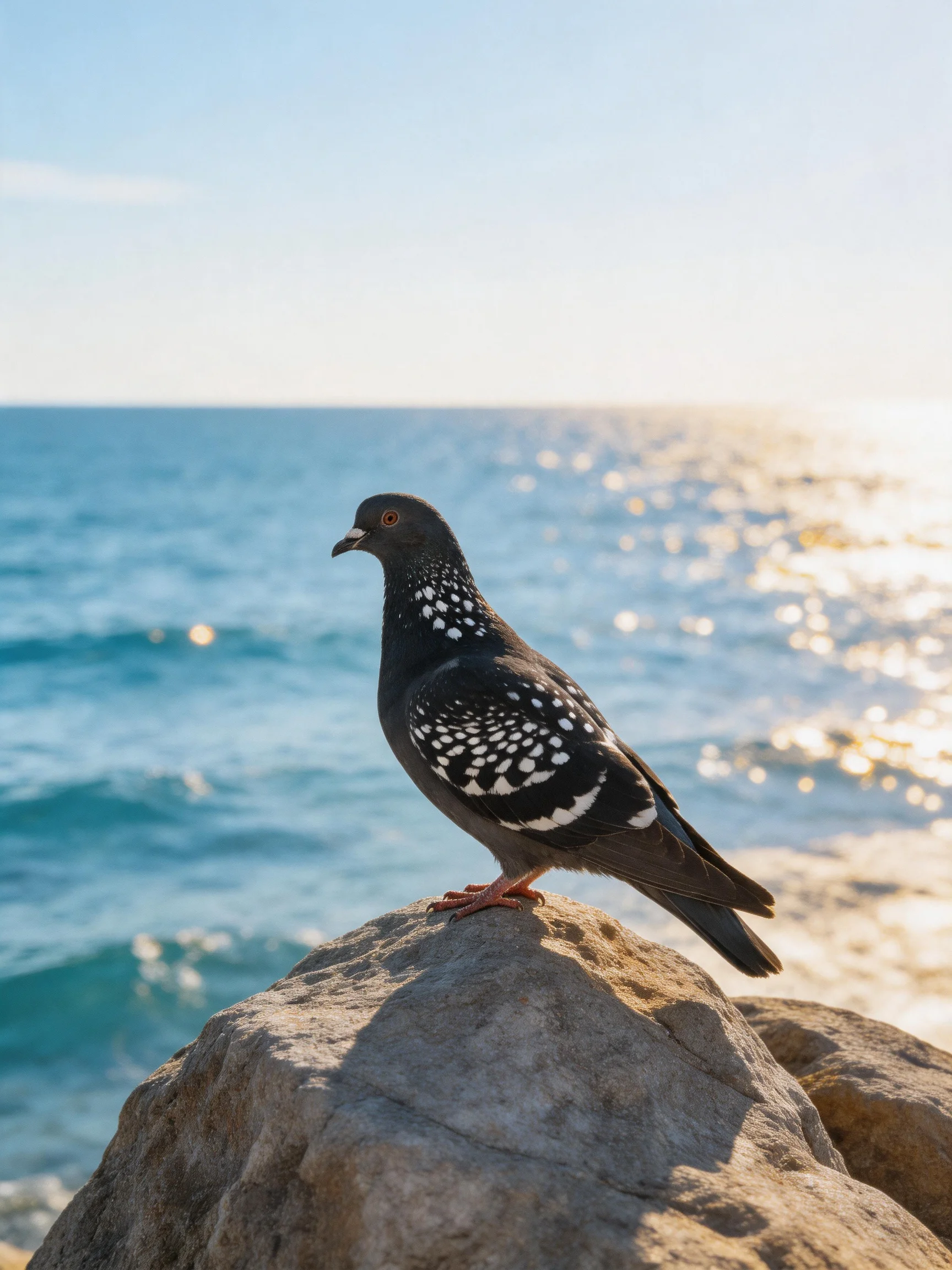 A speckled pigeon perches on a coastal rock by the ocean