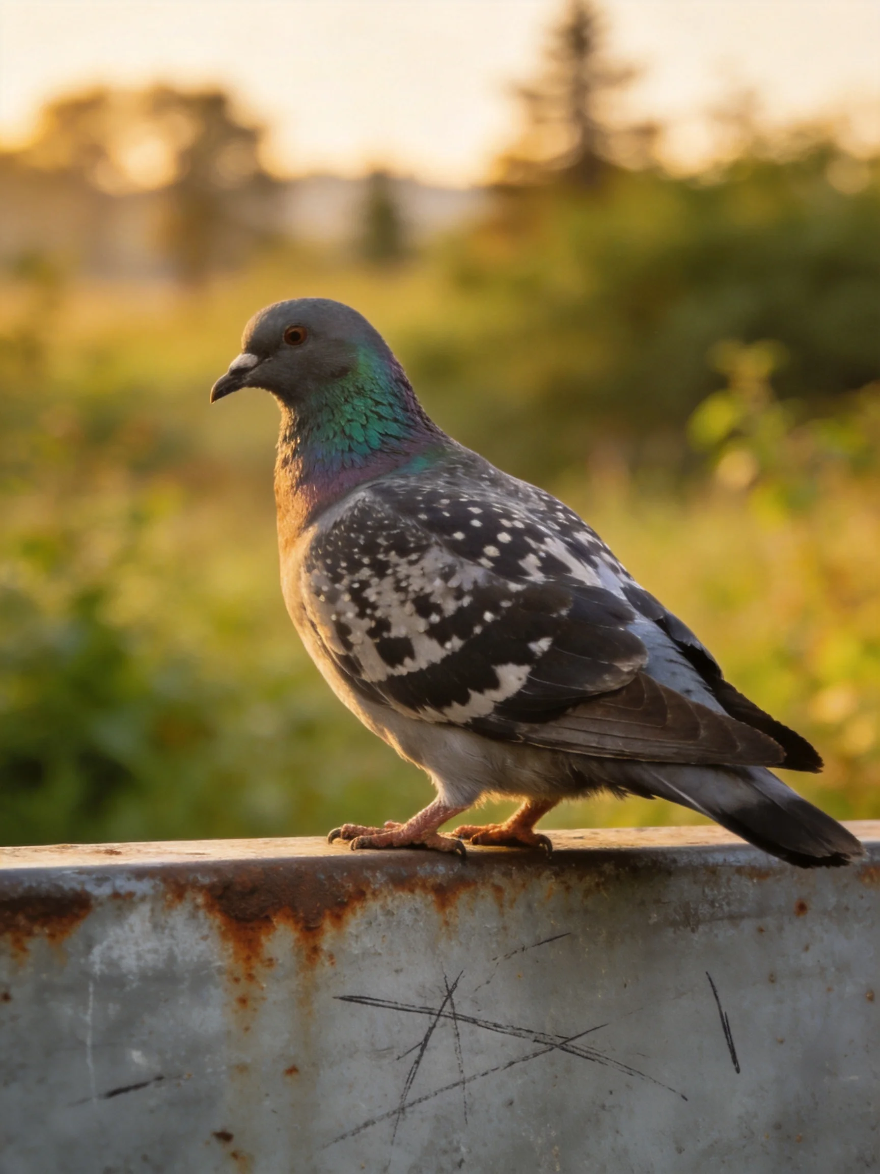 A speckled pigeon perches on a rusted metal barrier near greenery