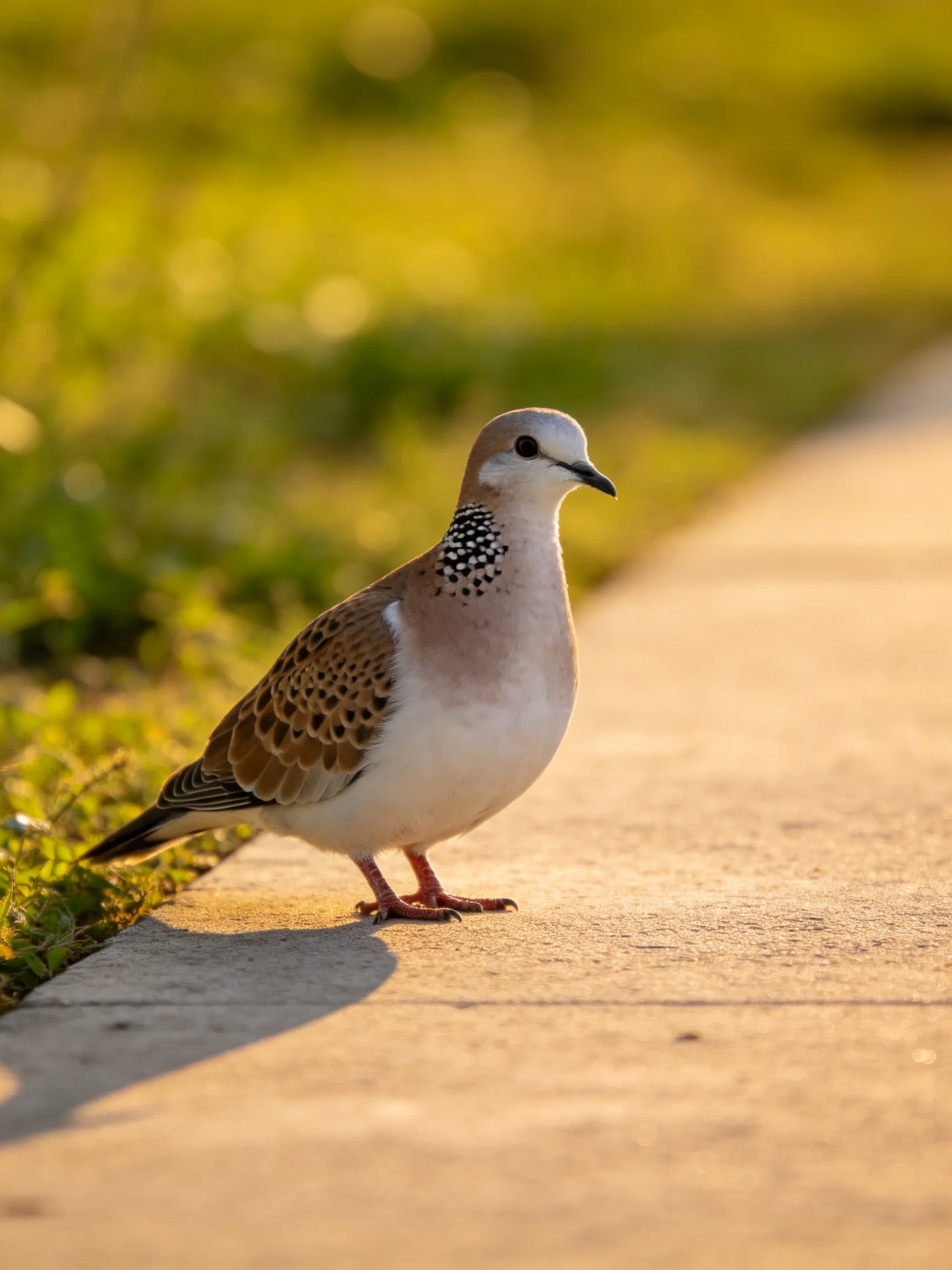 A spotted - necked dove perched on a sunlit concrete path