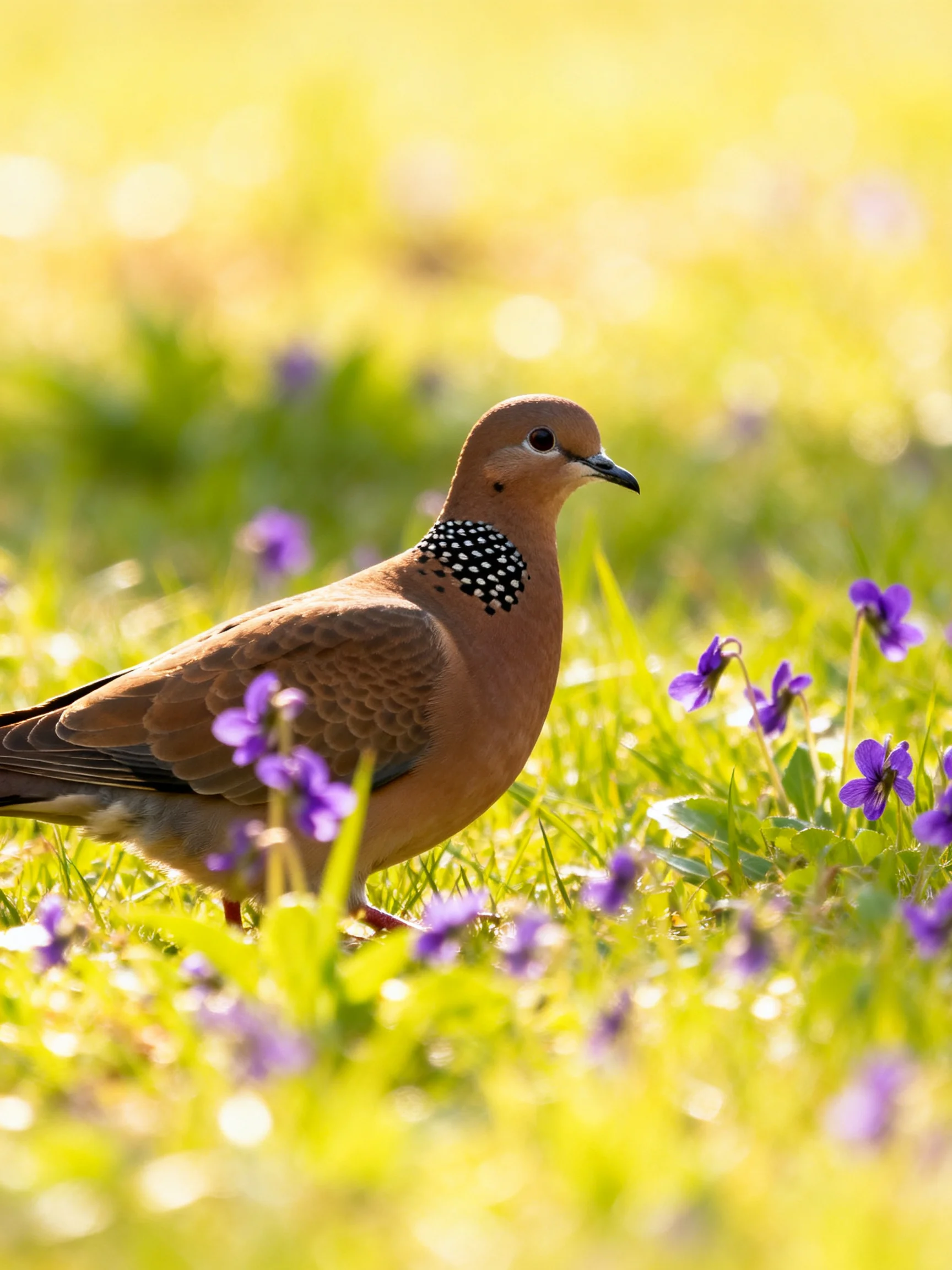 A spotted dove amidst vibrant purple flowers and green grass