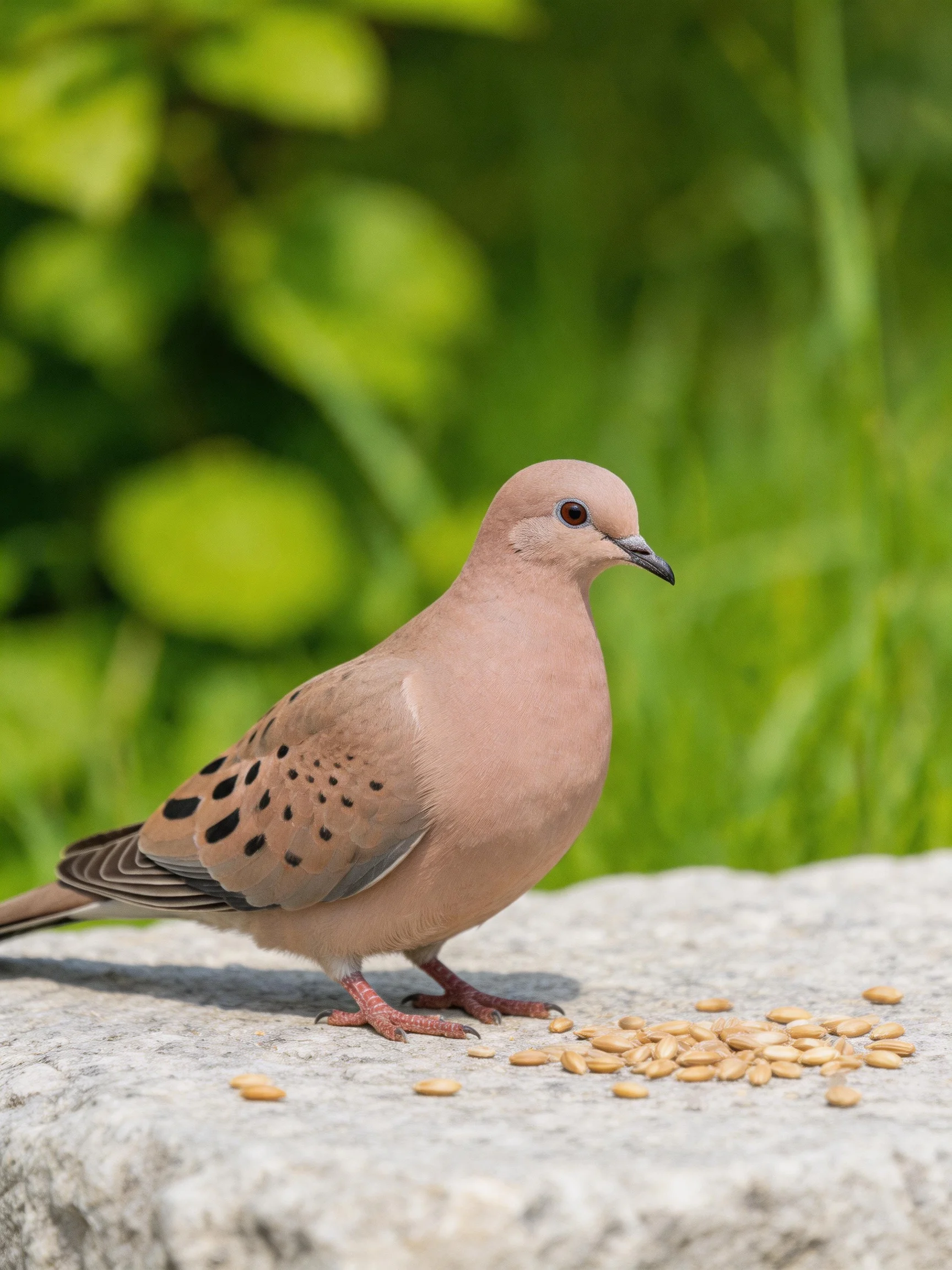 A spotted dove near scattered seeds on a stone surface