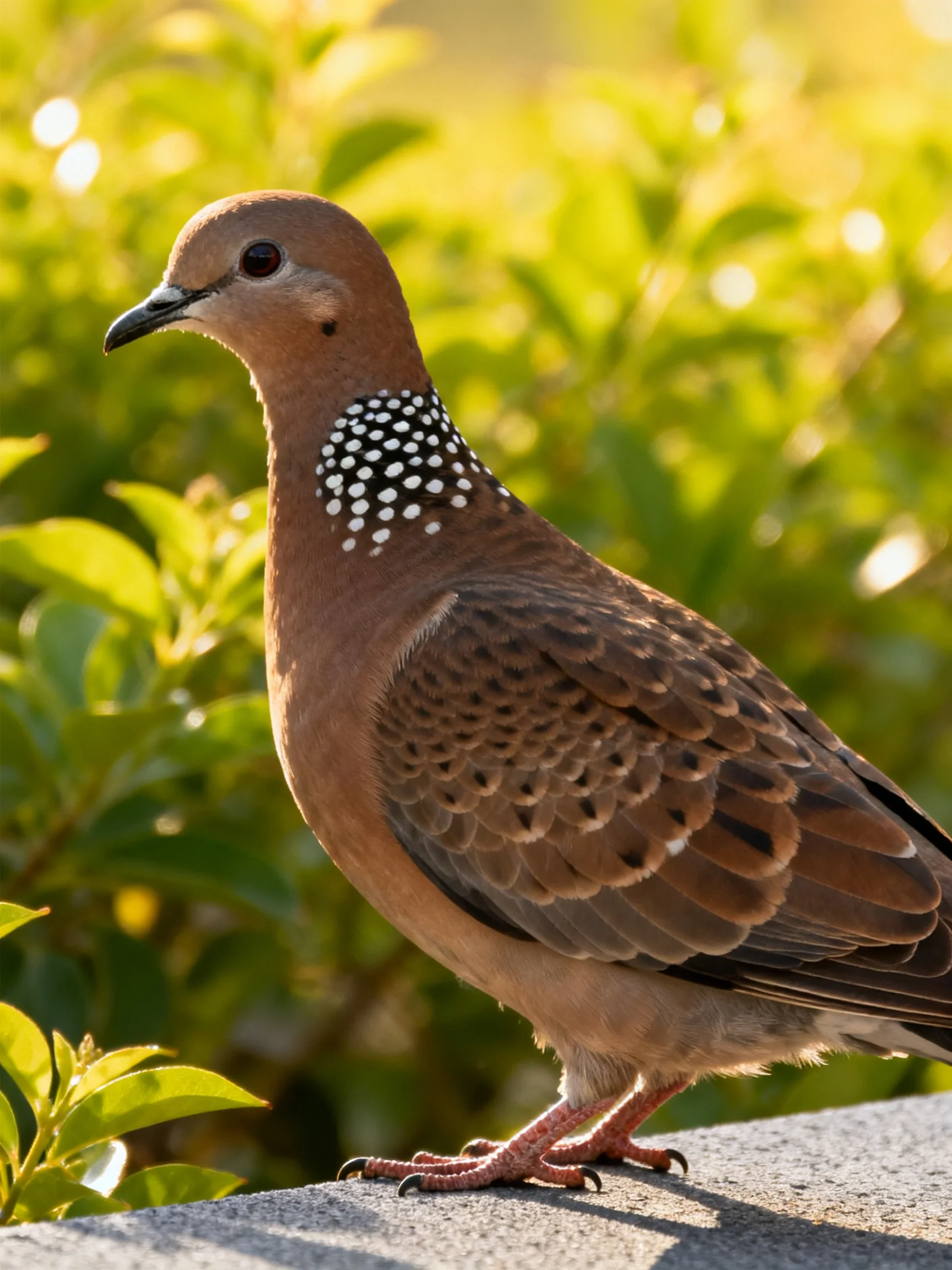 A spotted dove perched near lush green foliage