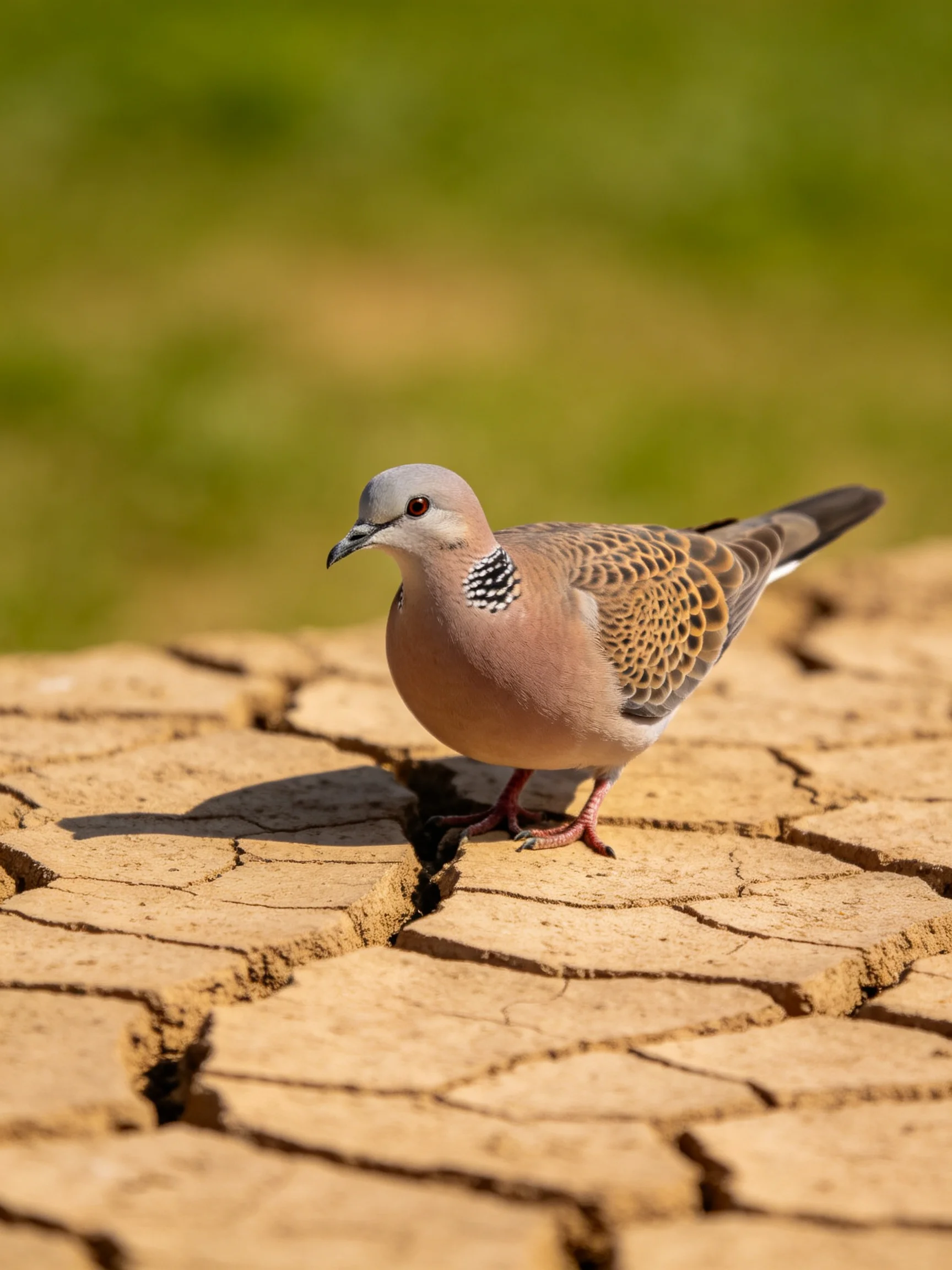 A spotted dove perches on cracked earth with blurred green backdrop