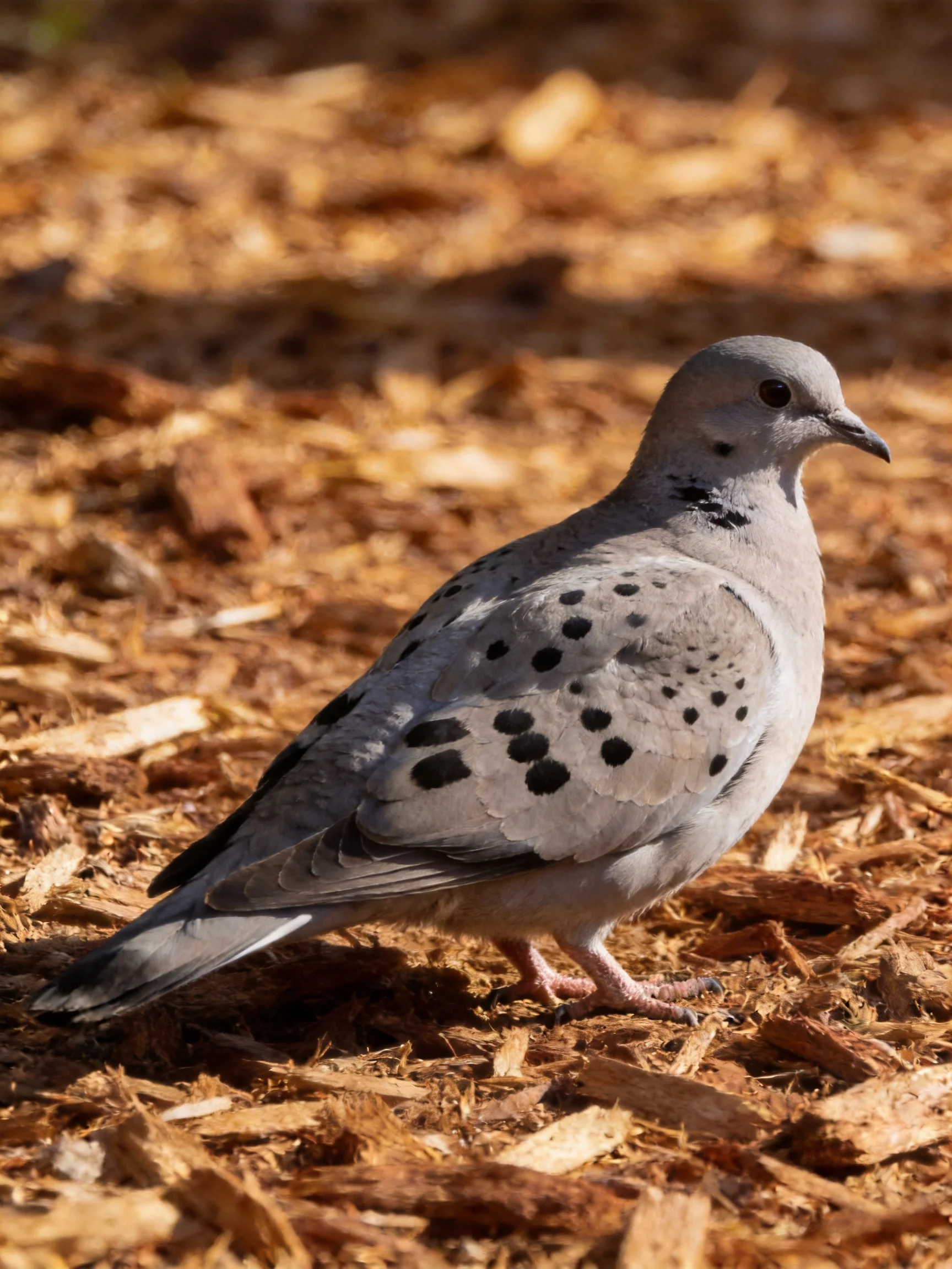 A spotted dove stands on brown mulch with black markings