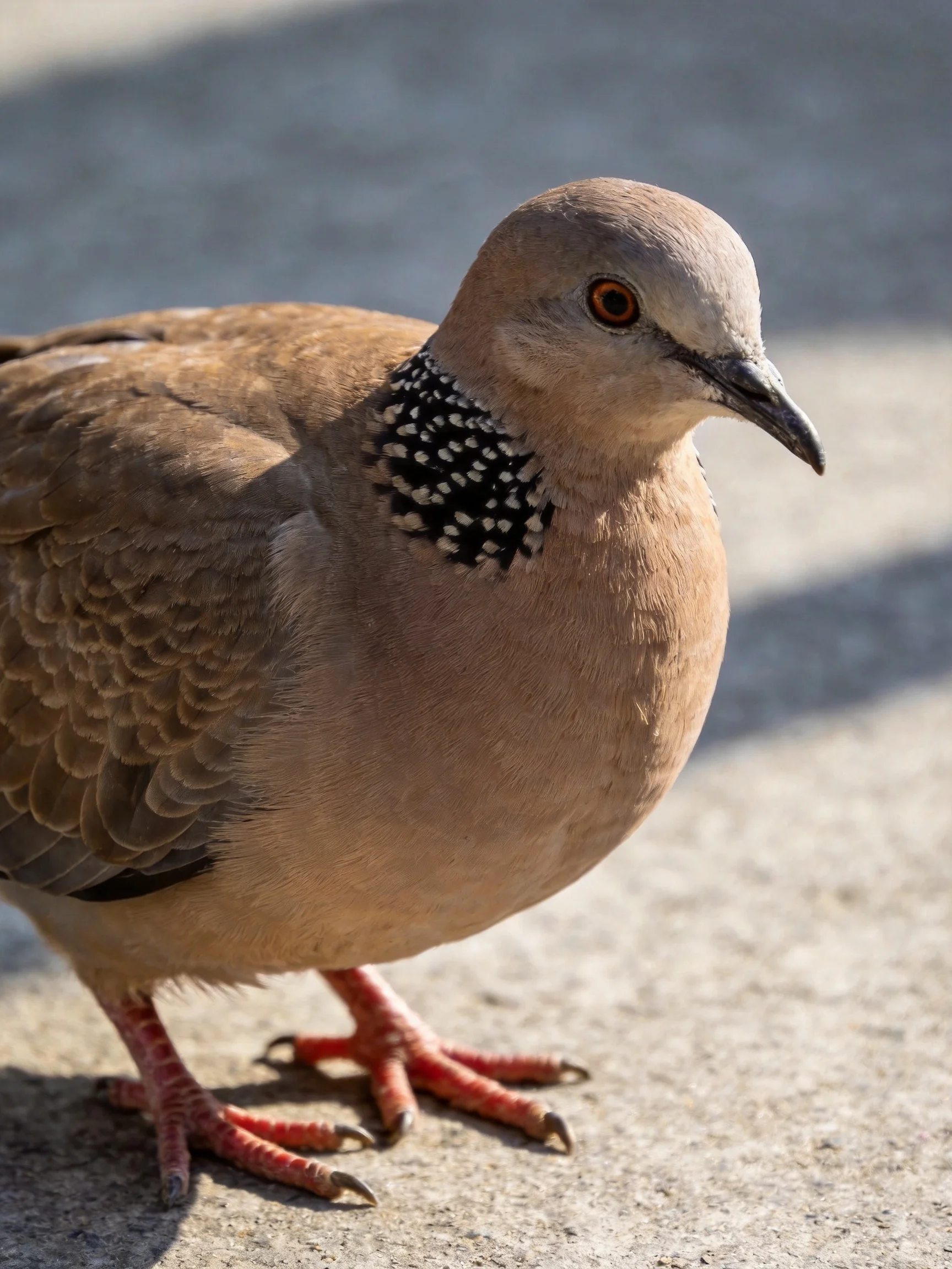 A spotted dove with earthy brown plumage on a concrete surface