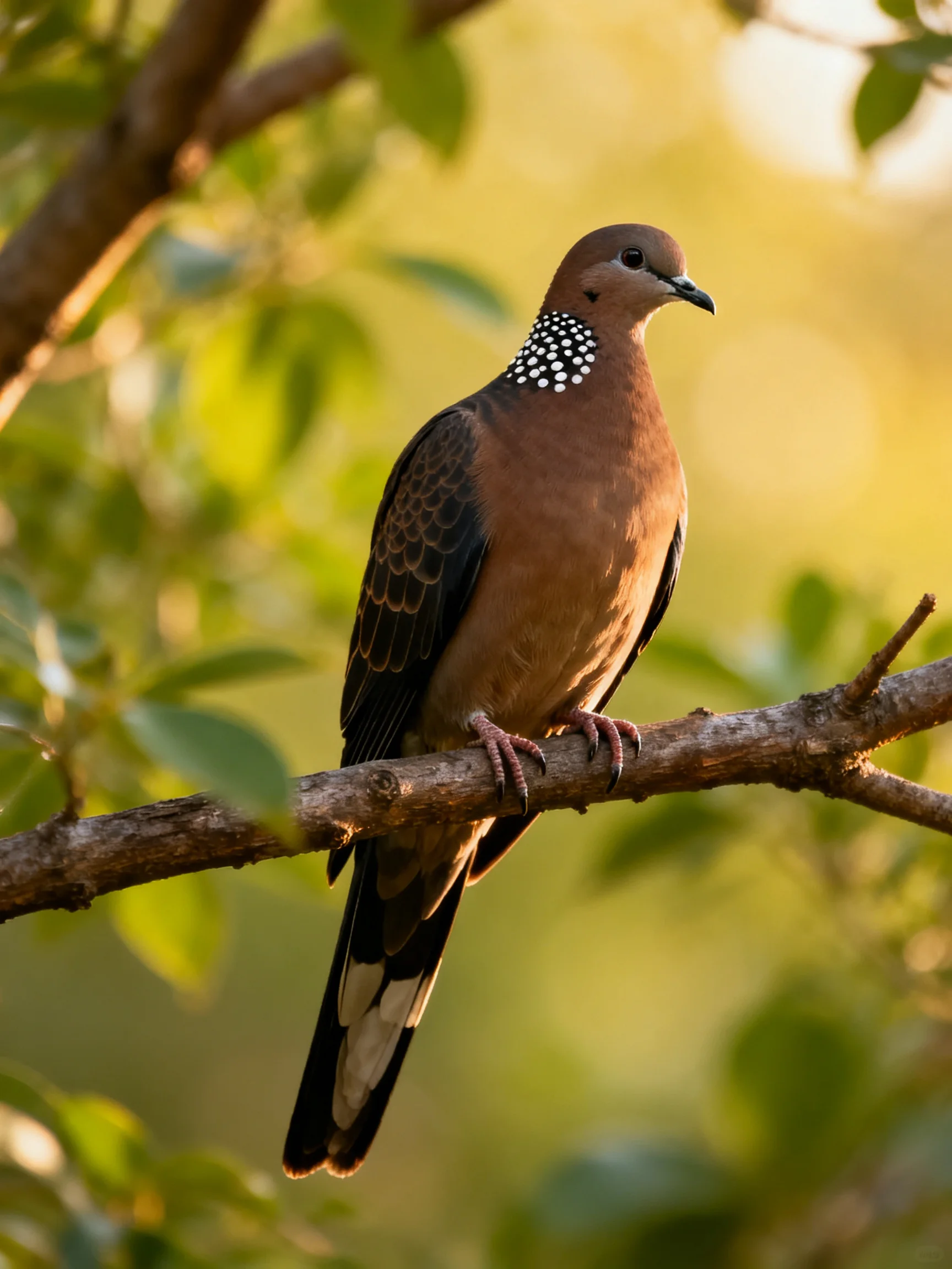 A spotted dove with white-spotted neck perches on a tree branch