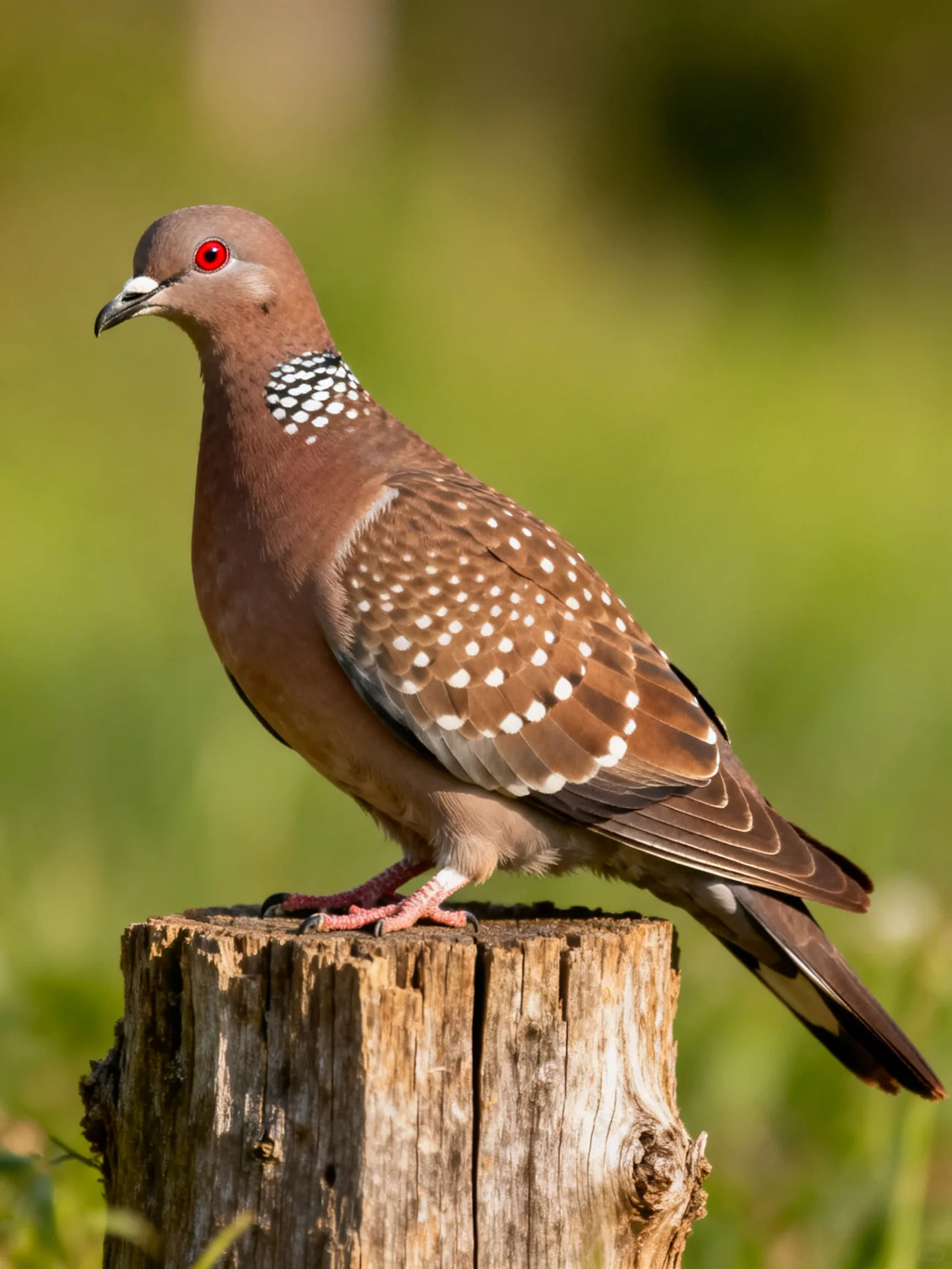 A spotted dove with white-spotted plumage on a weathered wooden post