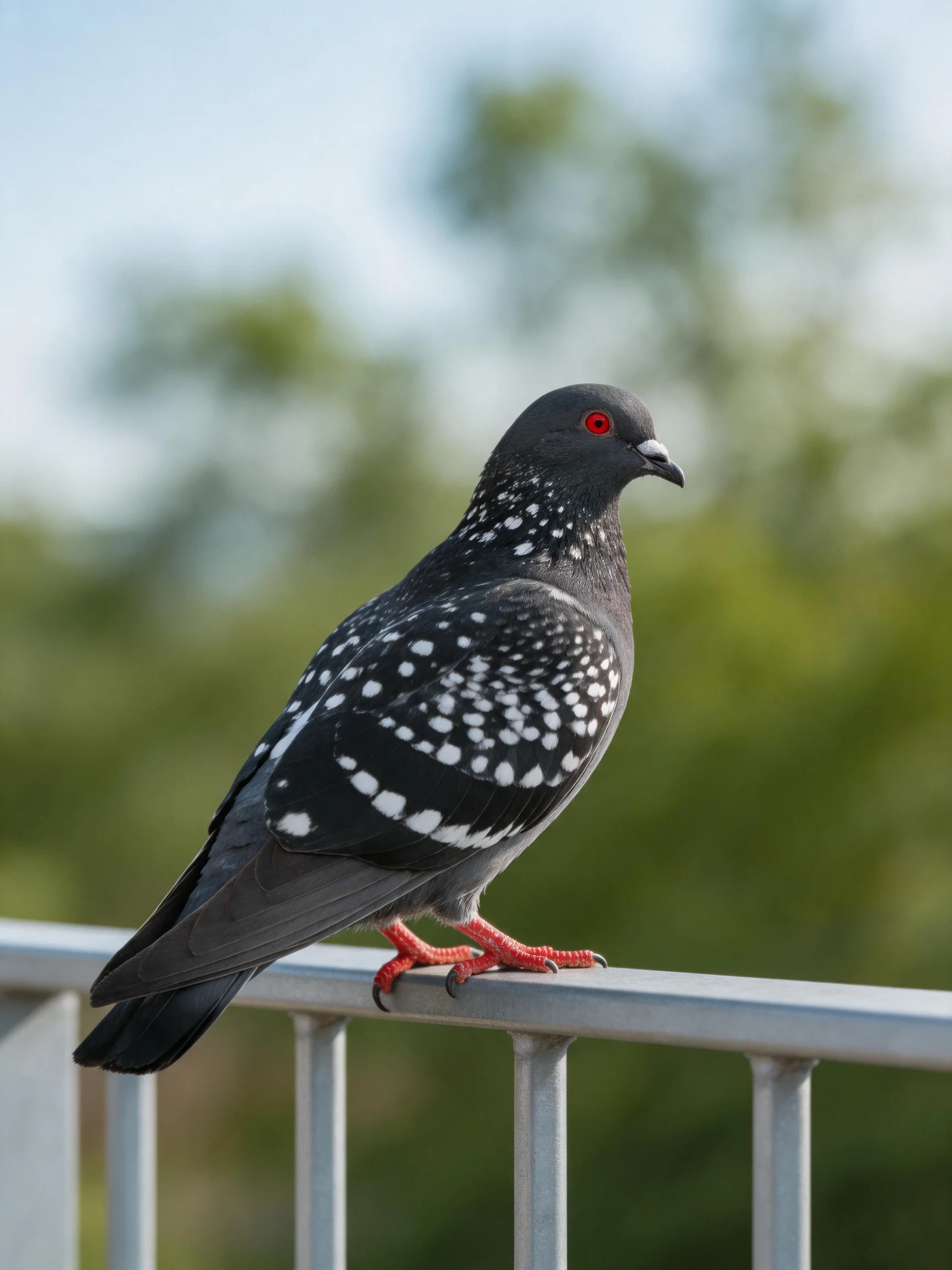 A spotted gray pigeon with red eyes perches on a metal railing