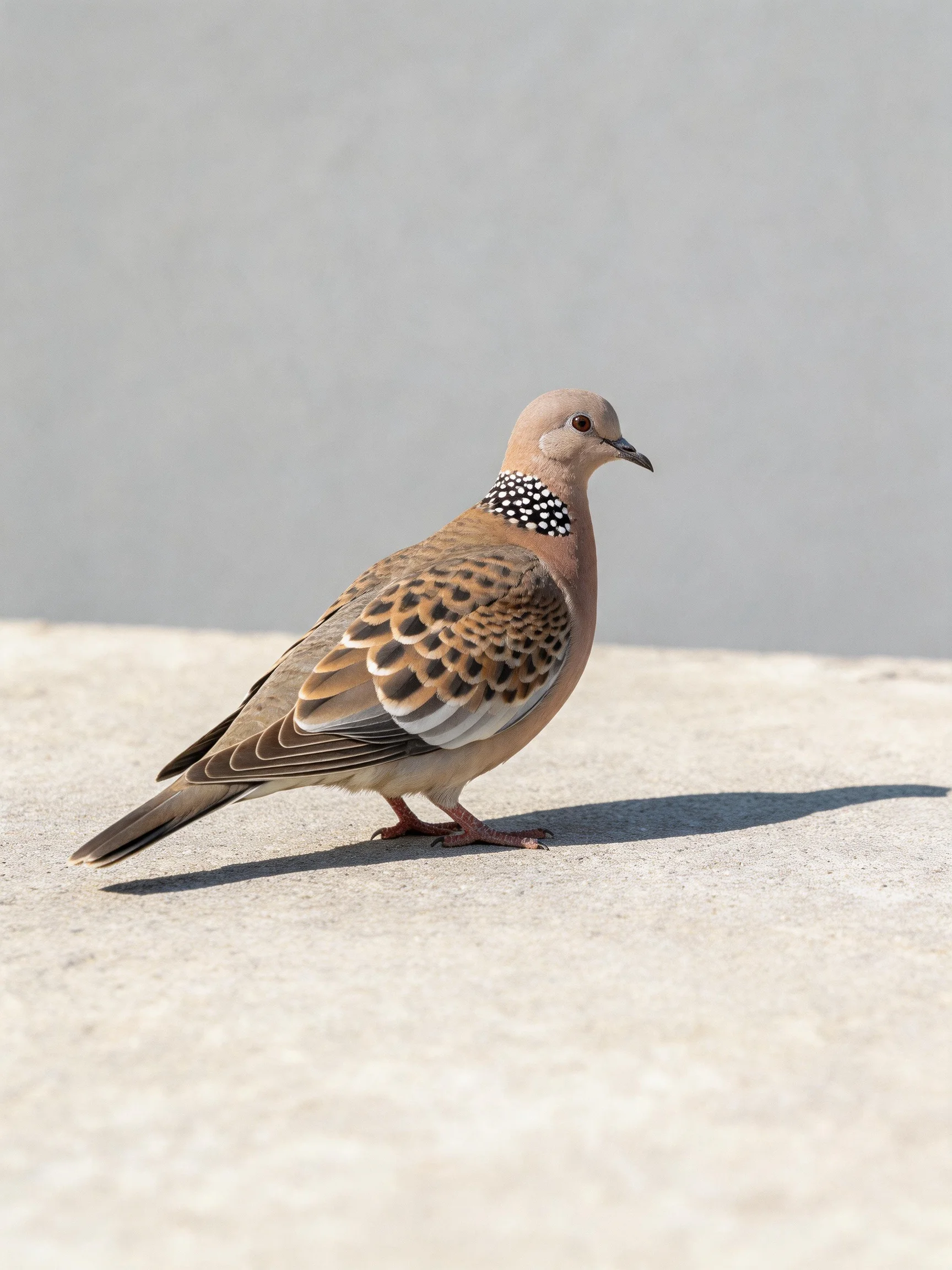 A spotted-necked bird standing on smooth concrete