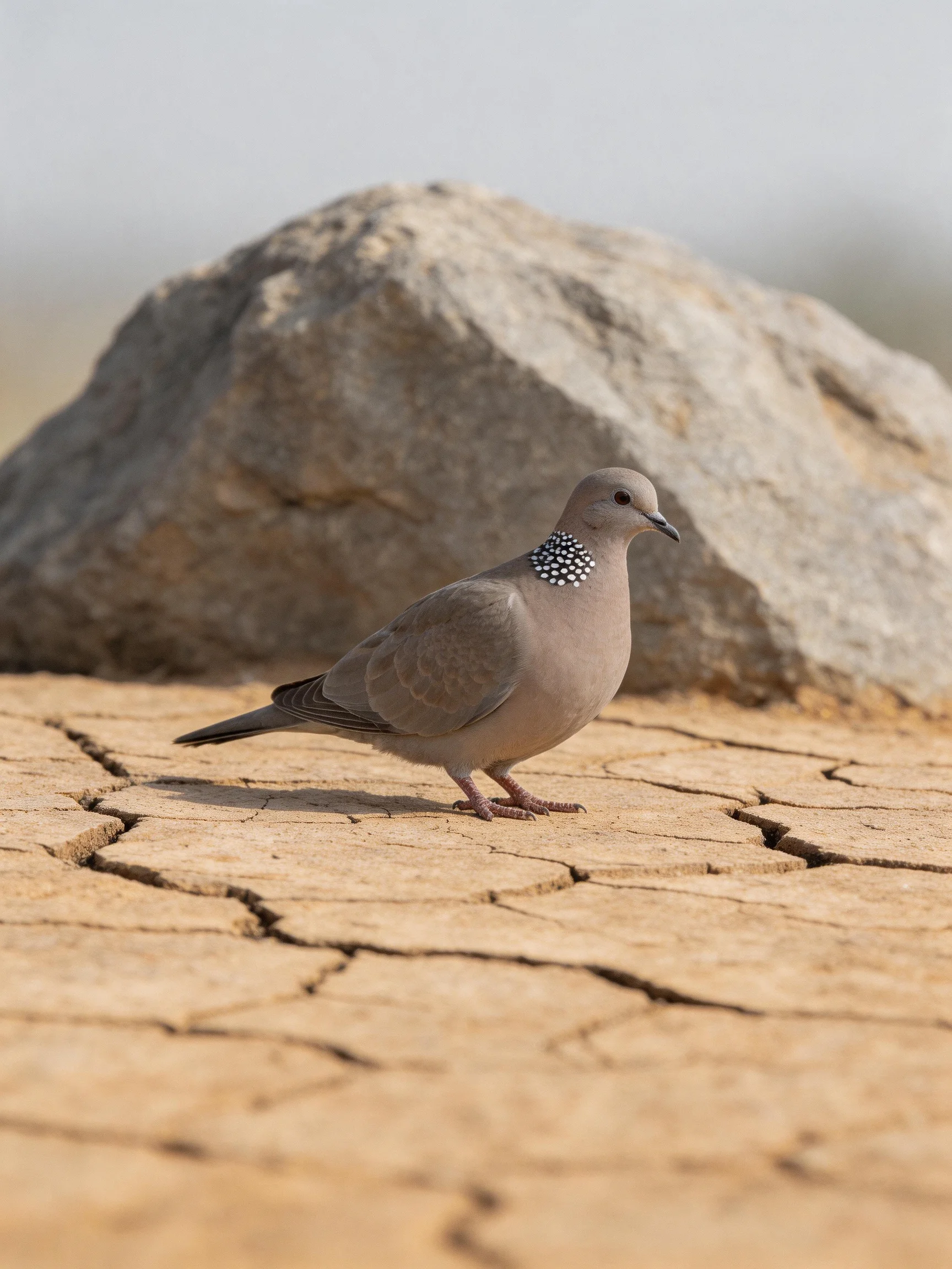 A spotted-necked dove on parched, cracked earth beside a large boulder