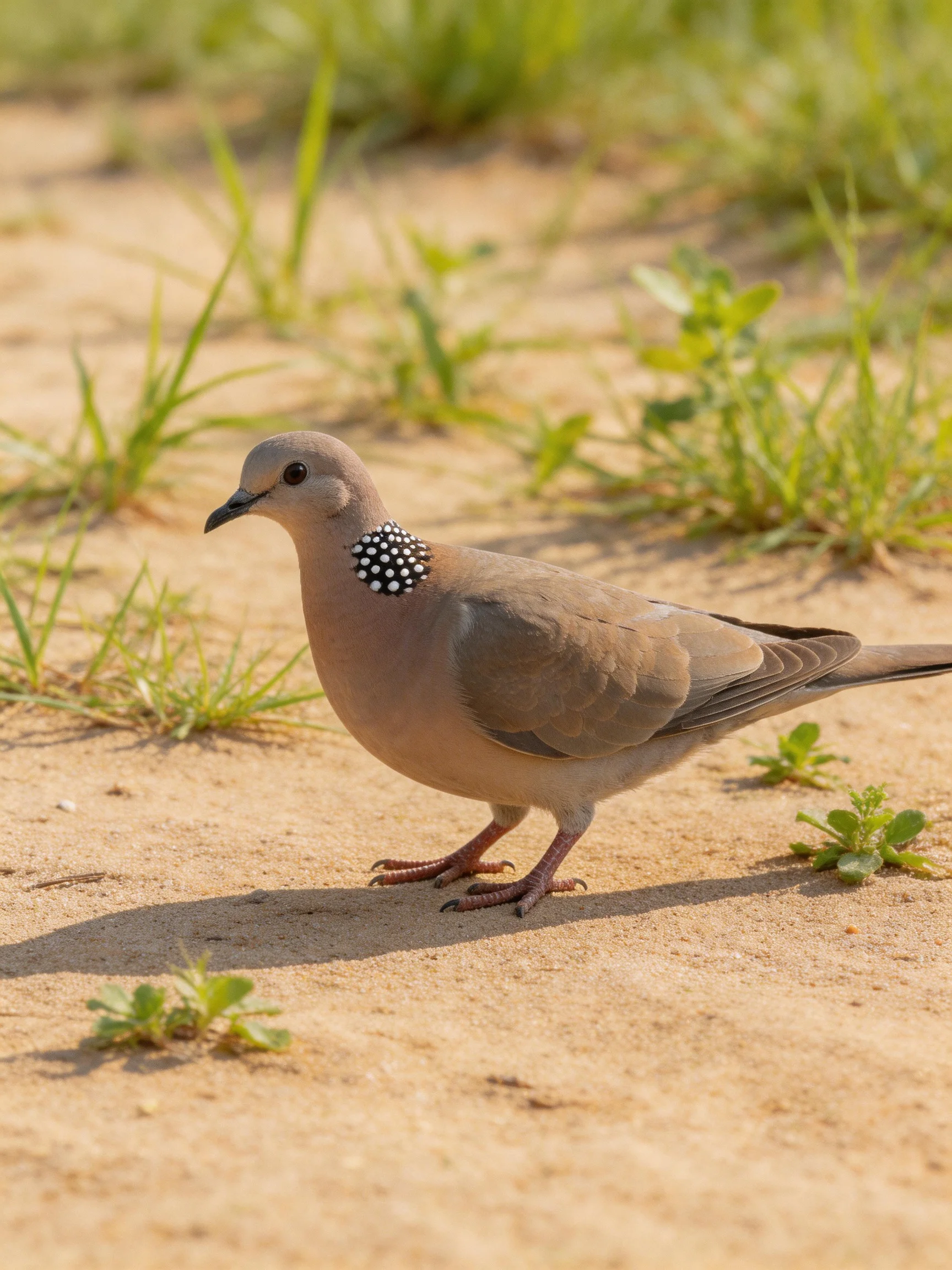 A spotted-necked dove on sandy ground with scattered greenery