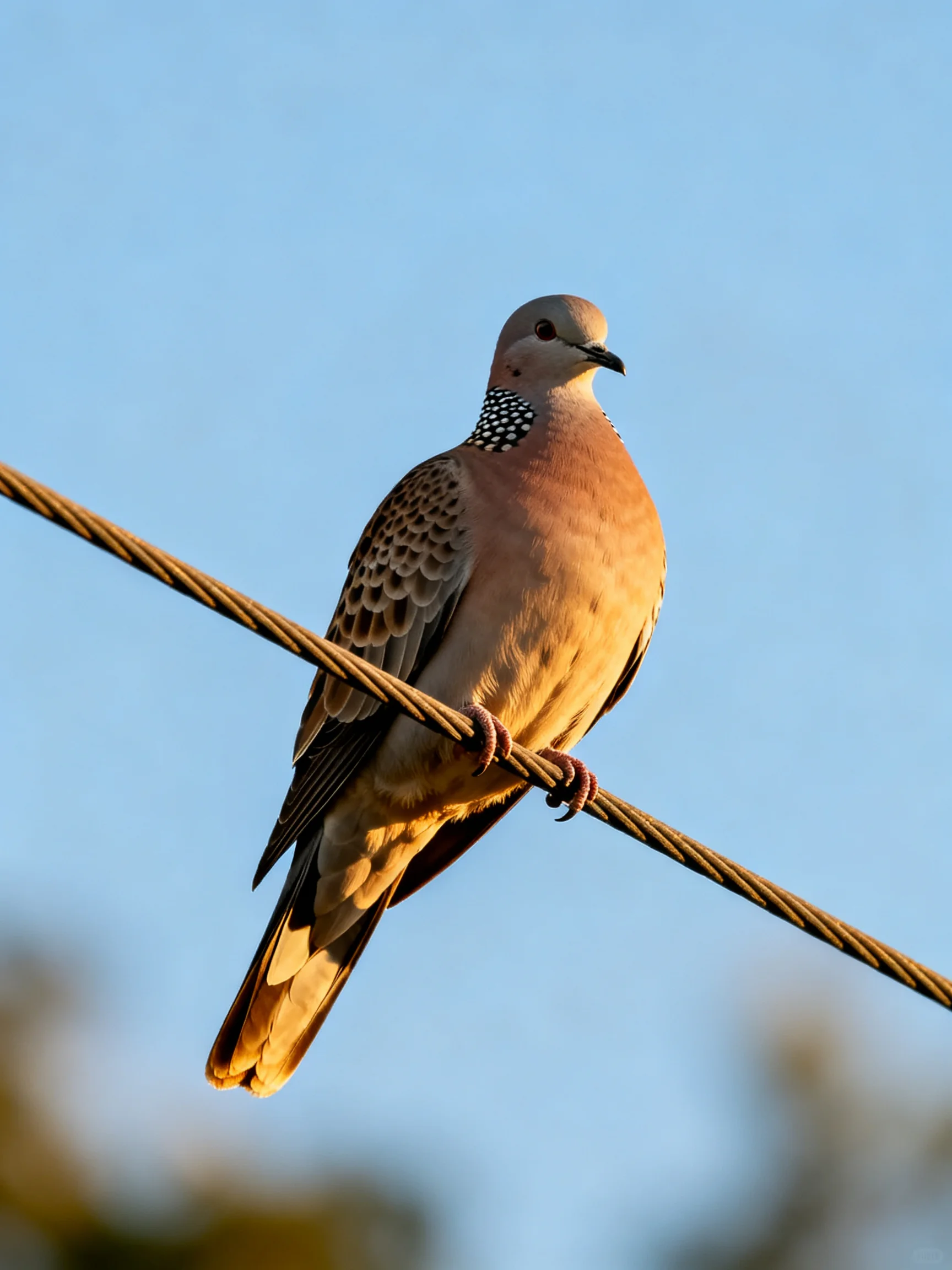 A spotted-necked dove perched on a thick brown wire against a clear blue sky