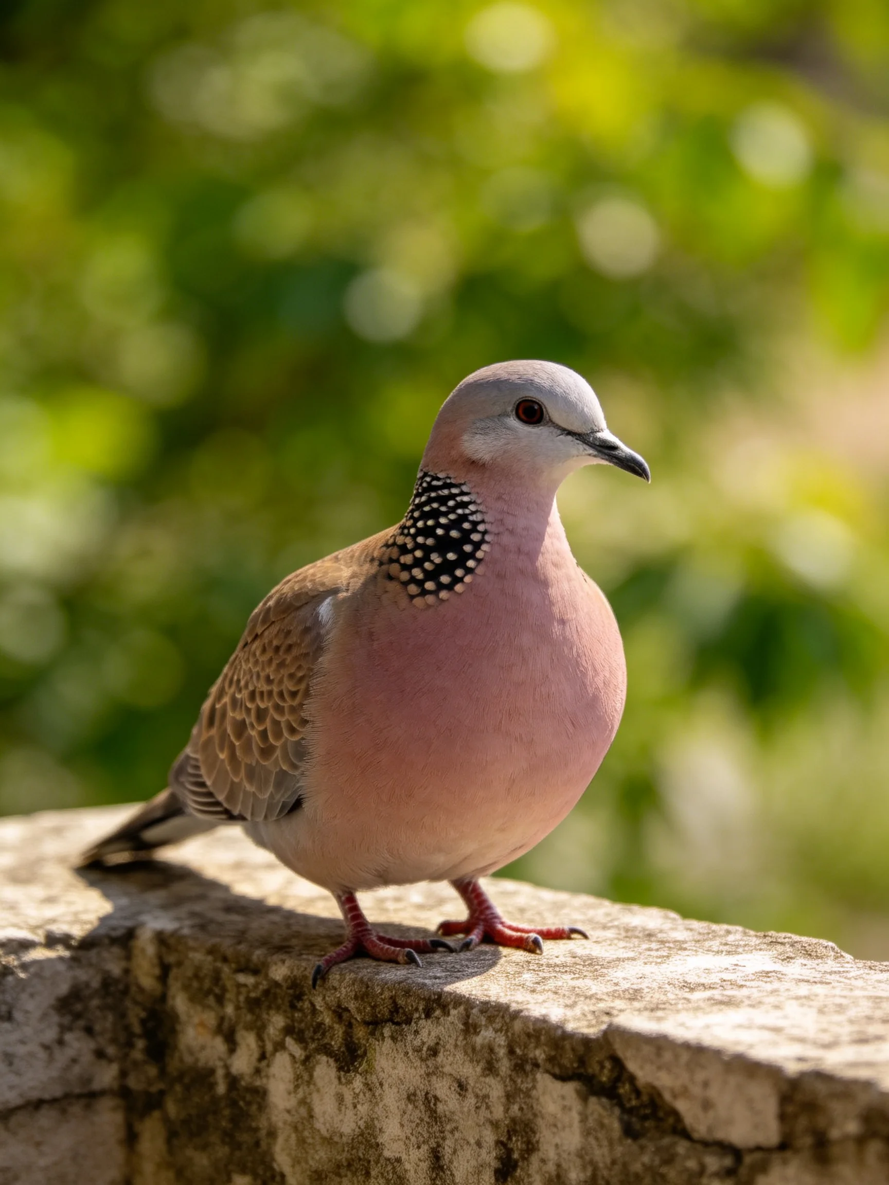 A spotted-necked dove perched on a weathered stone ledge