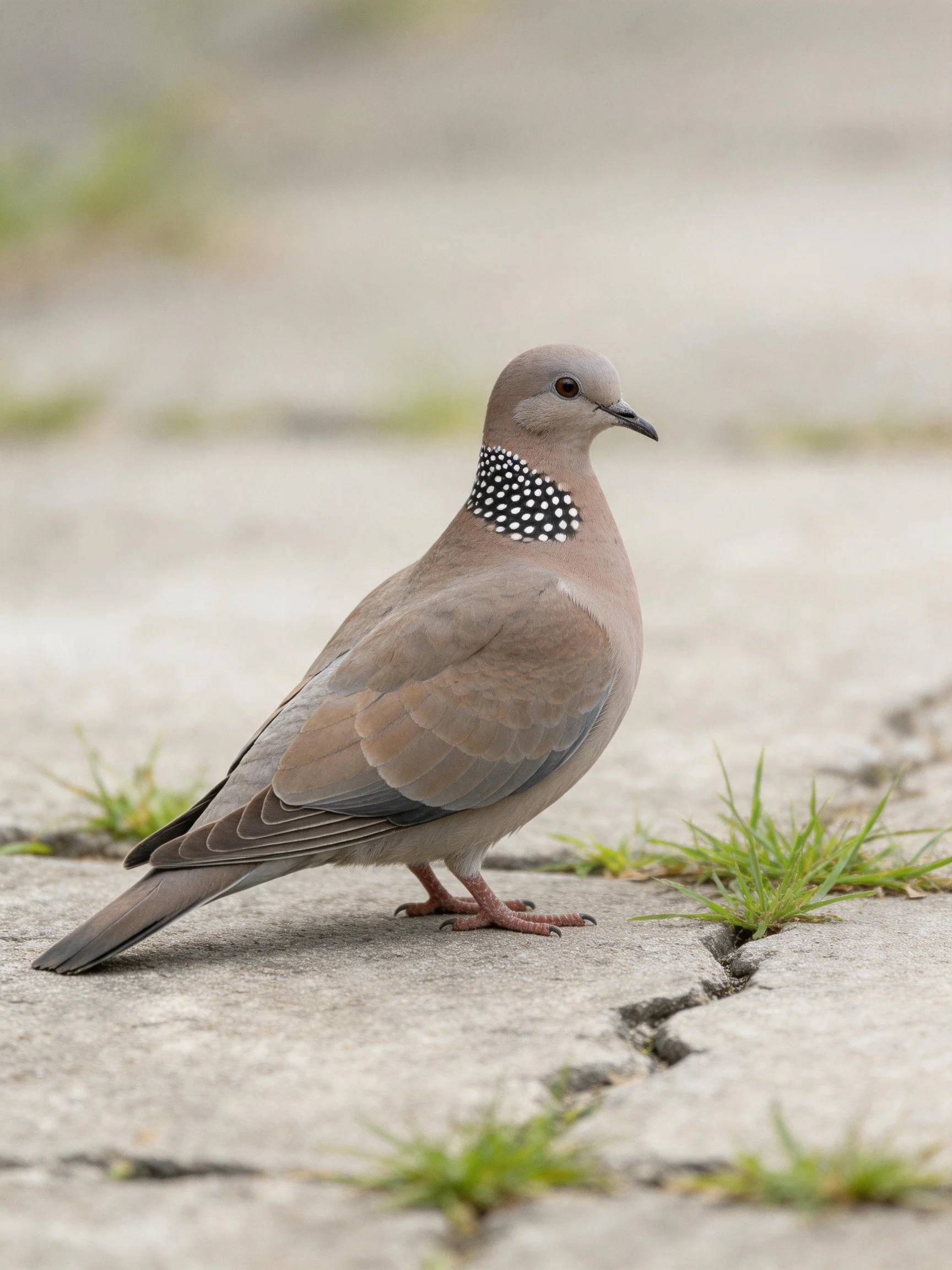 A spotted-necked dove perched on cracked pavement with nearby grass.