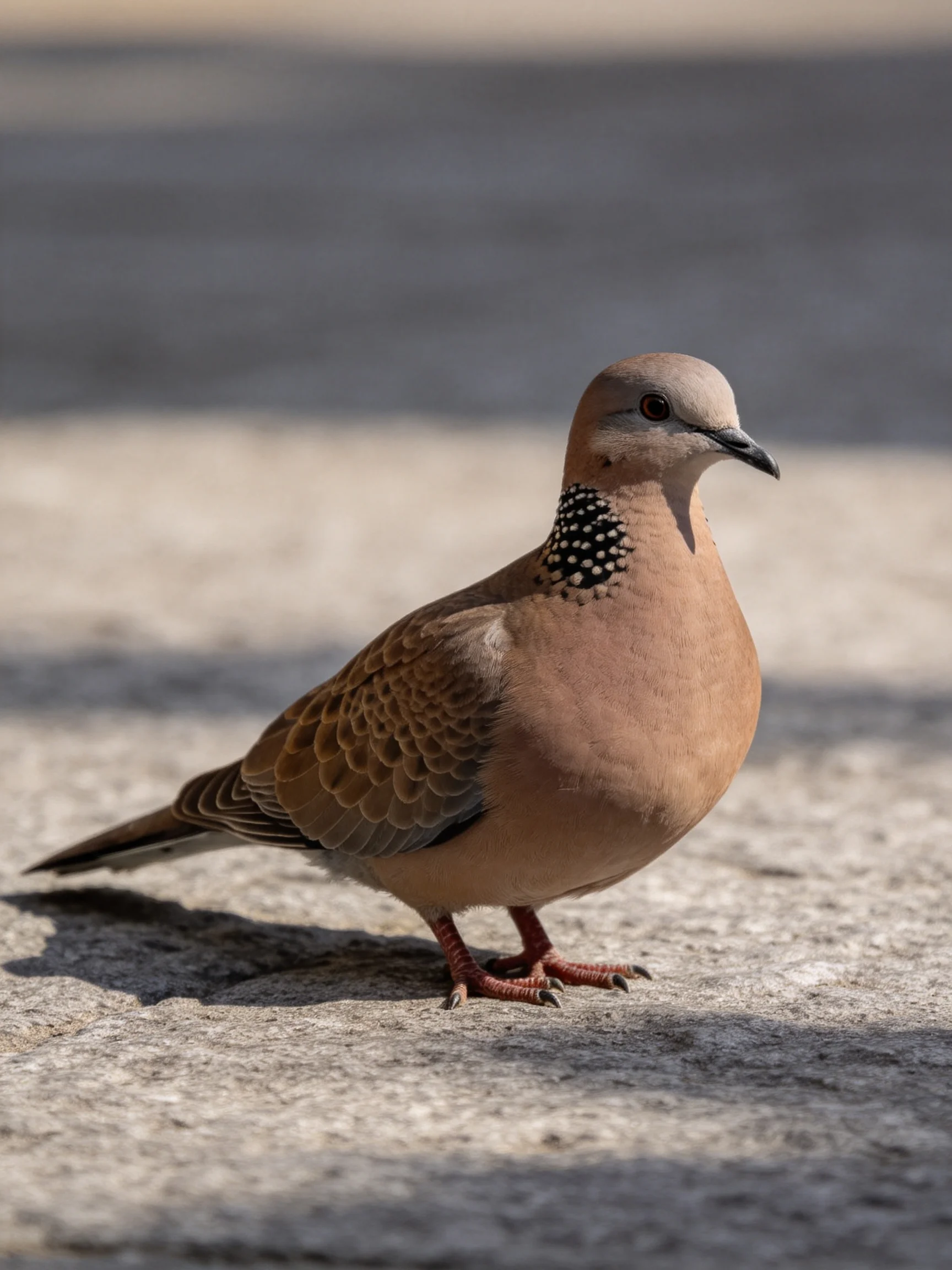 A spotted-necked dove perches on rough concrete