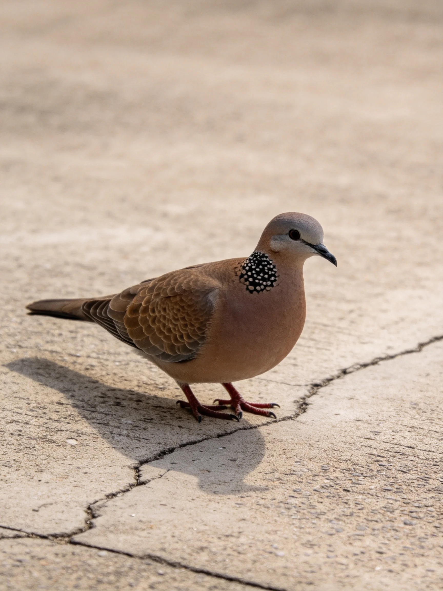 A spotted-necked dove standing on cracked concrete pavement