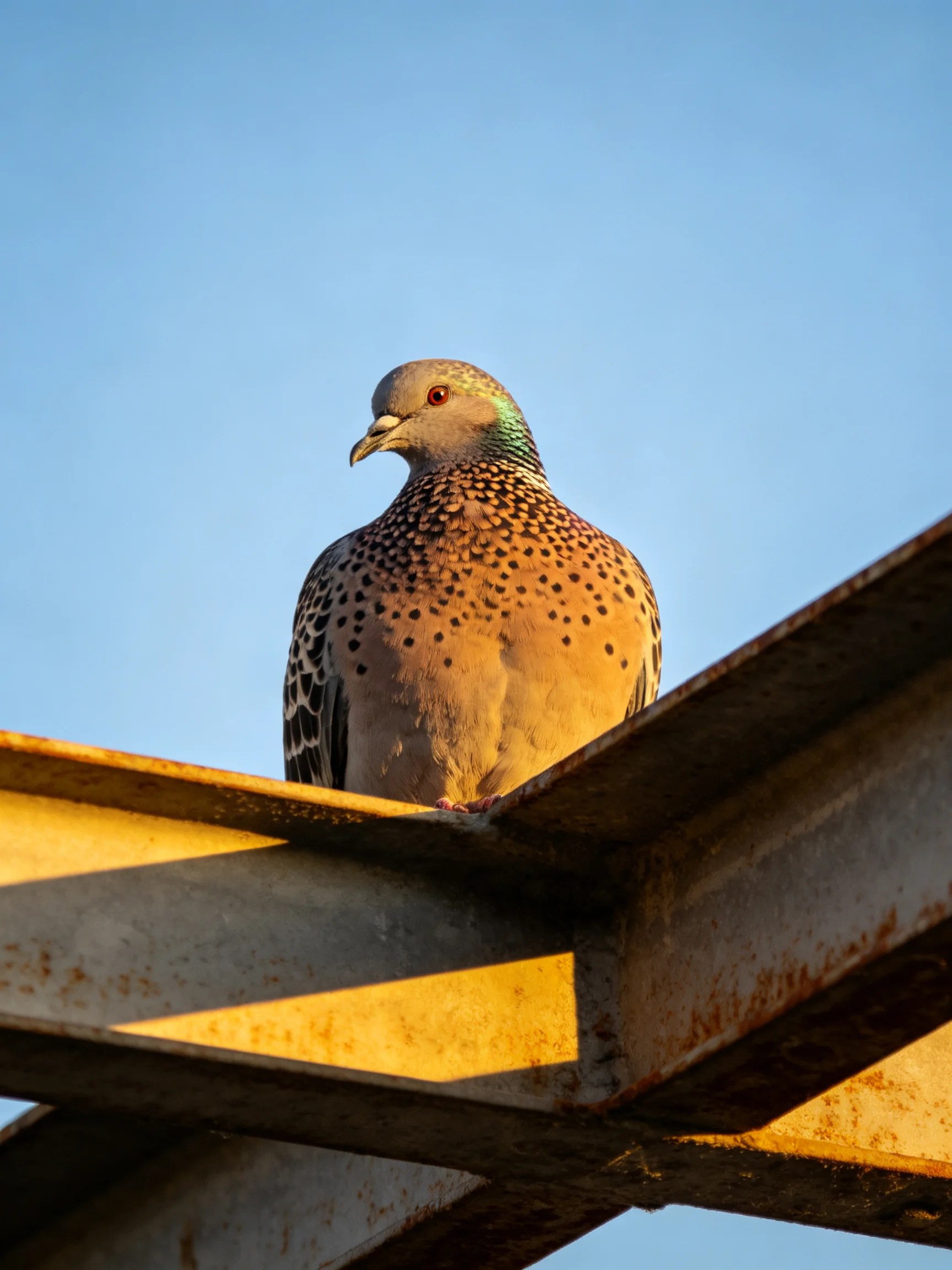 A spotted pigeon perches on a rusted metal structure under a clear blue sky