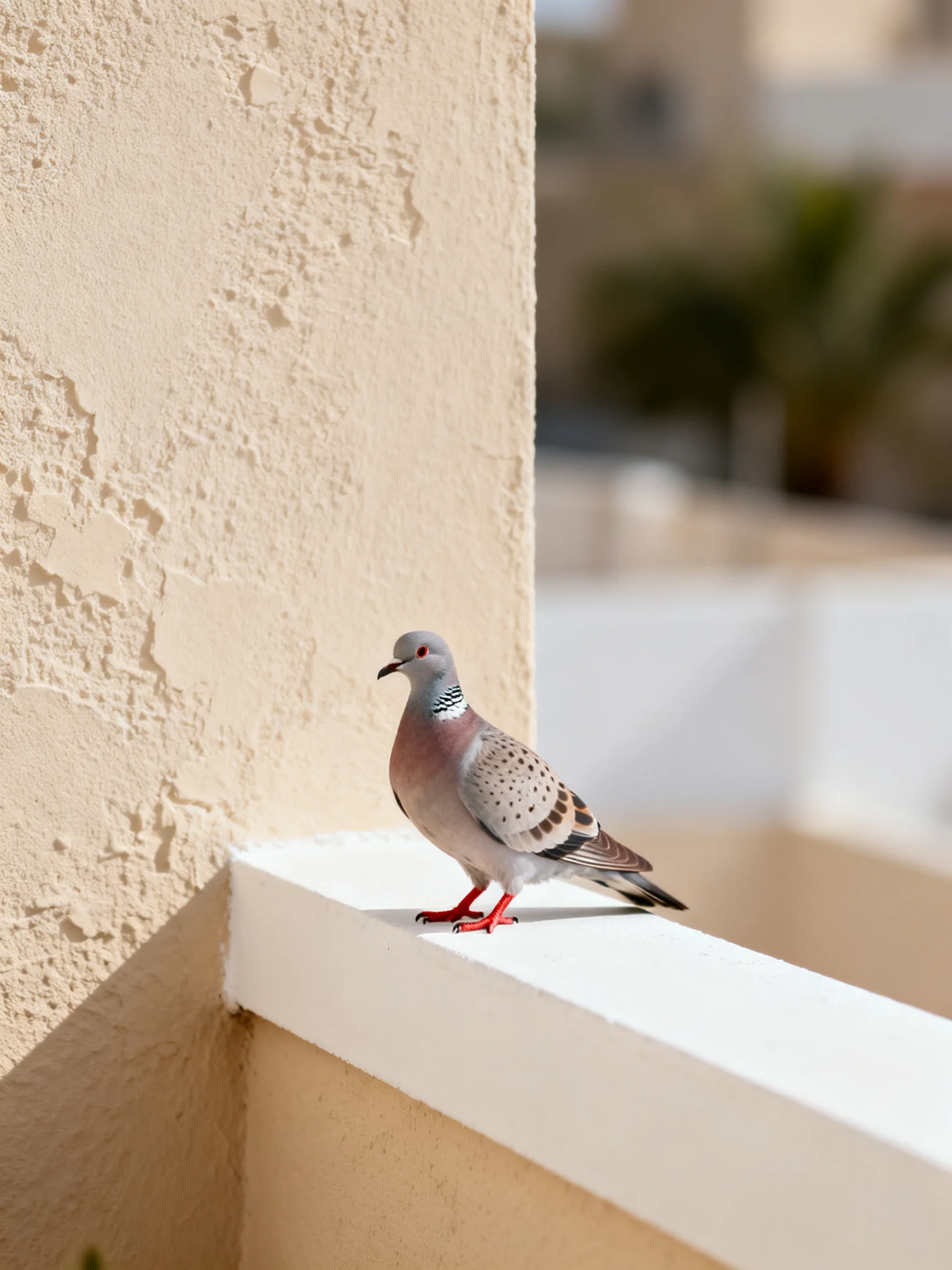 A spotted pigeon perches on a white ledge near a textured beige wall