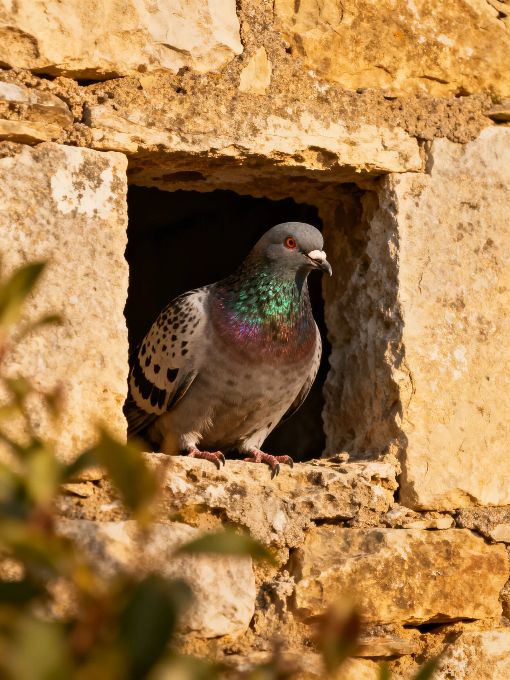 A spotted pigeon rests in a weathered stone window