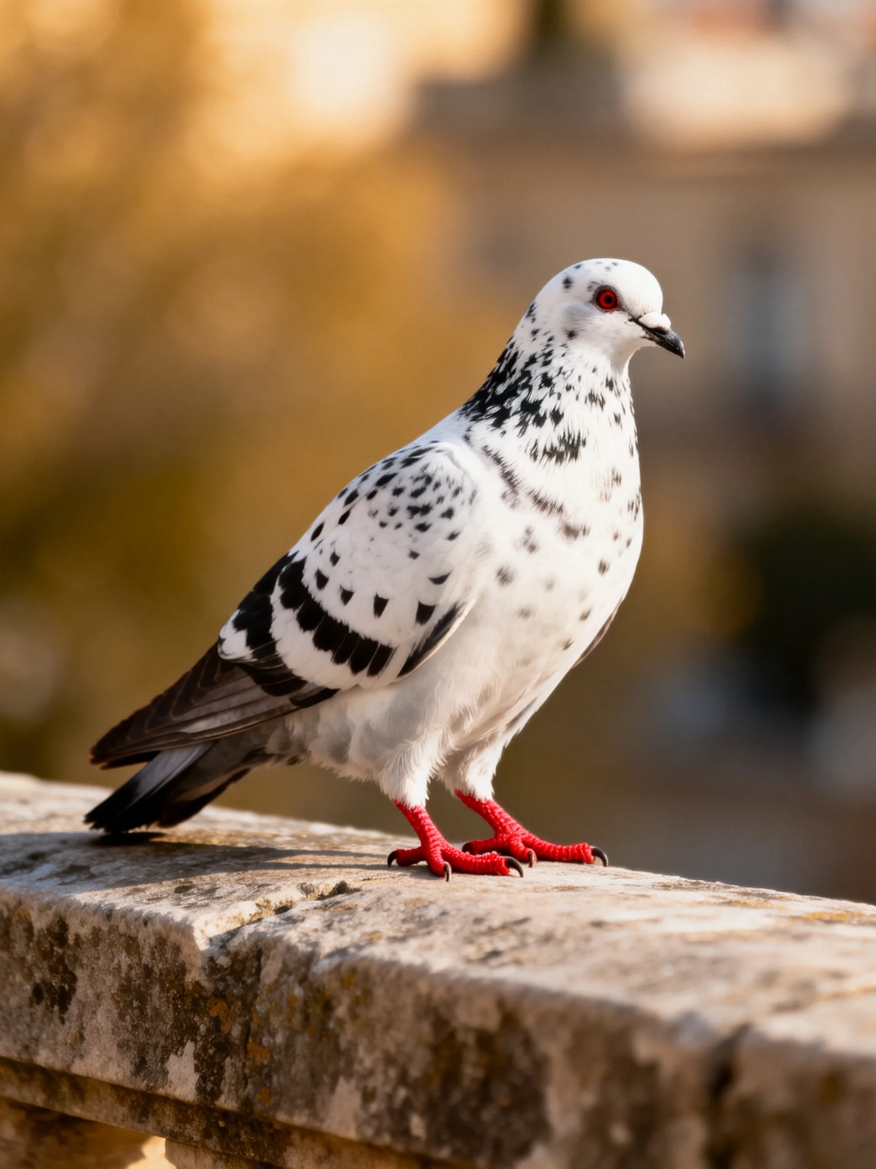 A spotted pigeon with red feet perched on an aged stone ledge