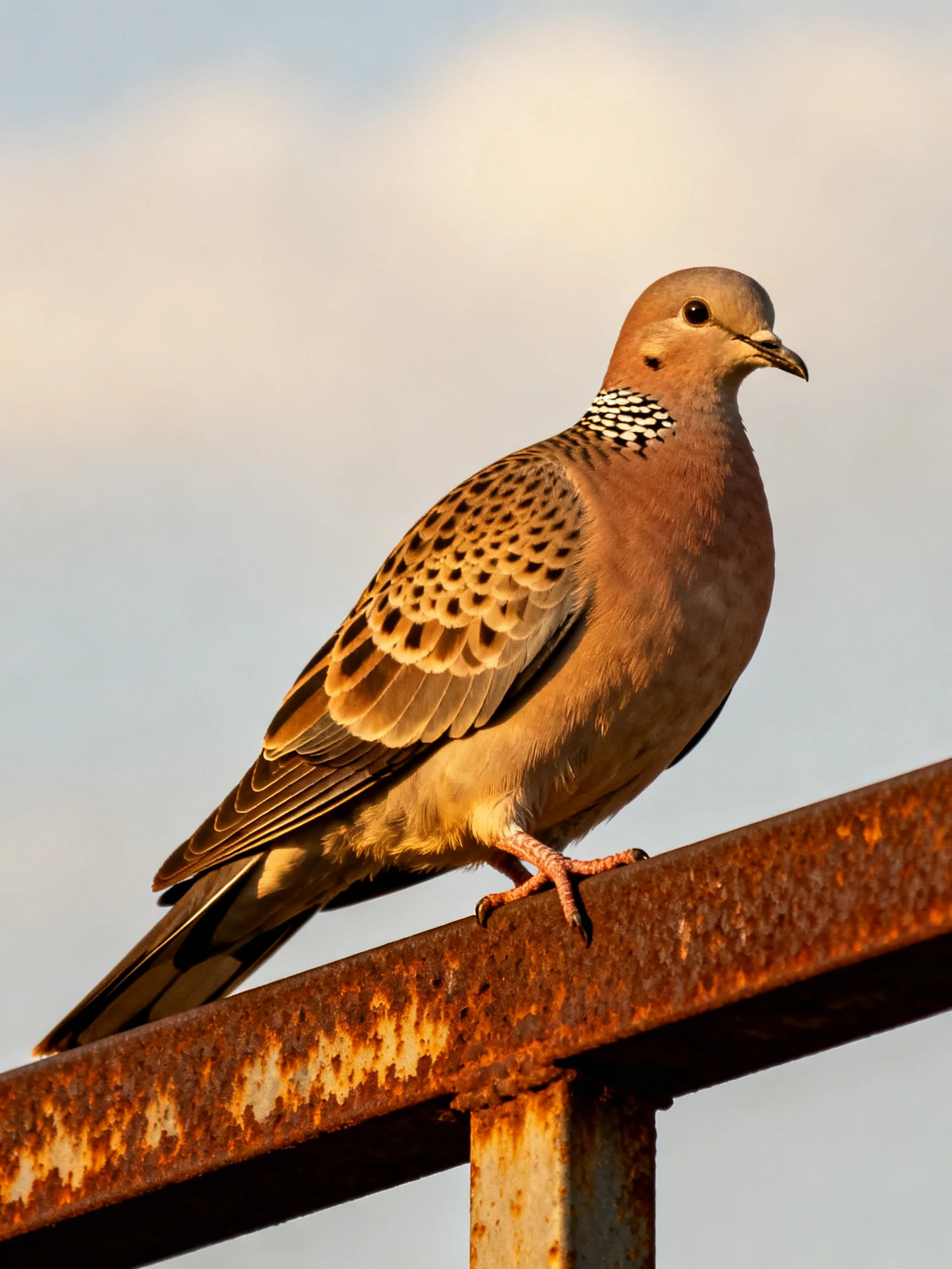 A spotted turtle dove perched on a rusted metal rail with a soft sky backdrop