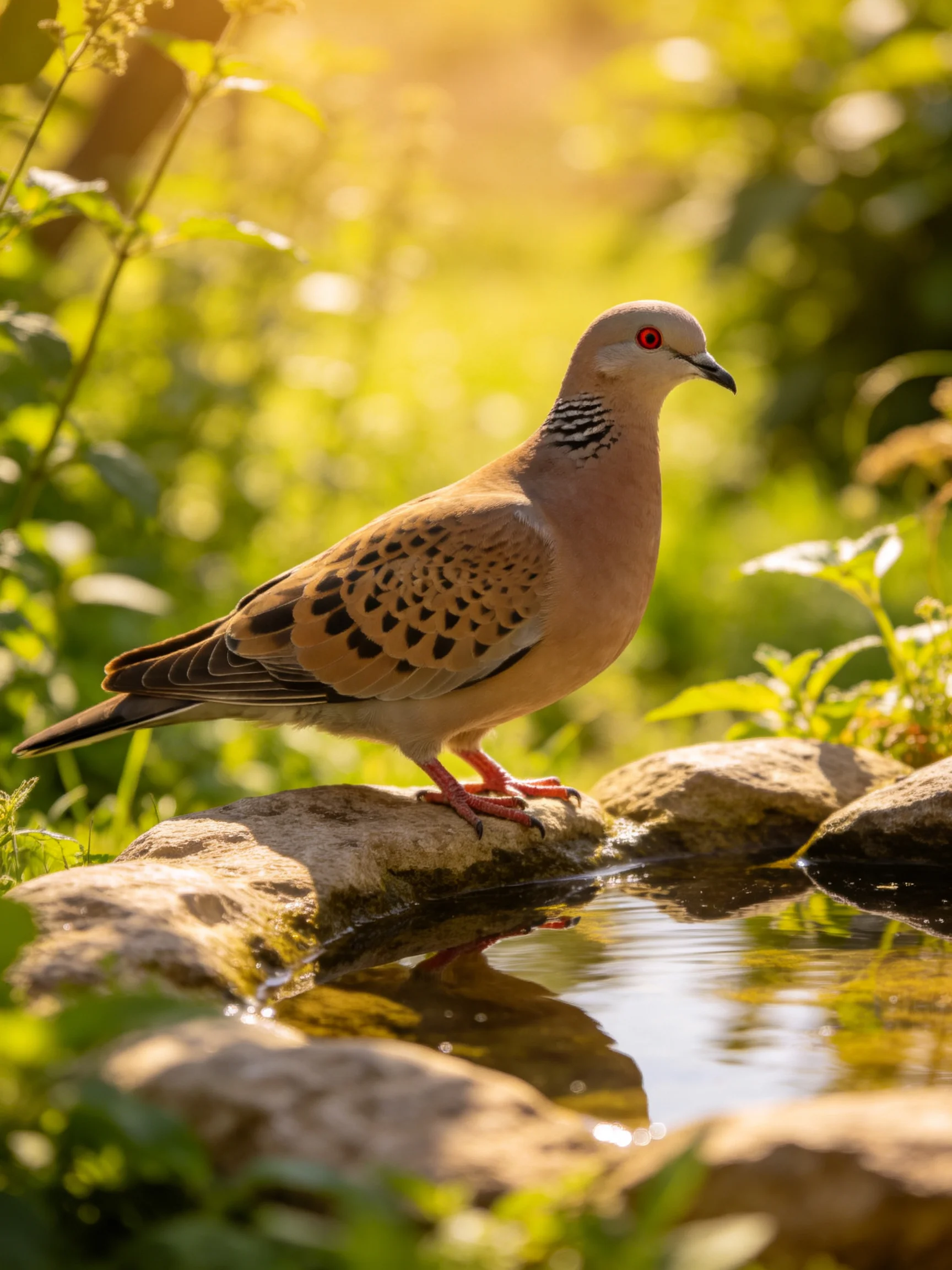 A spotted turtle dove perches on rocky edges of a small pond
