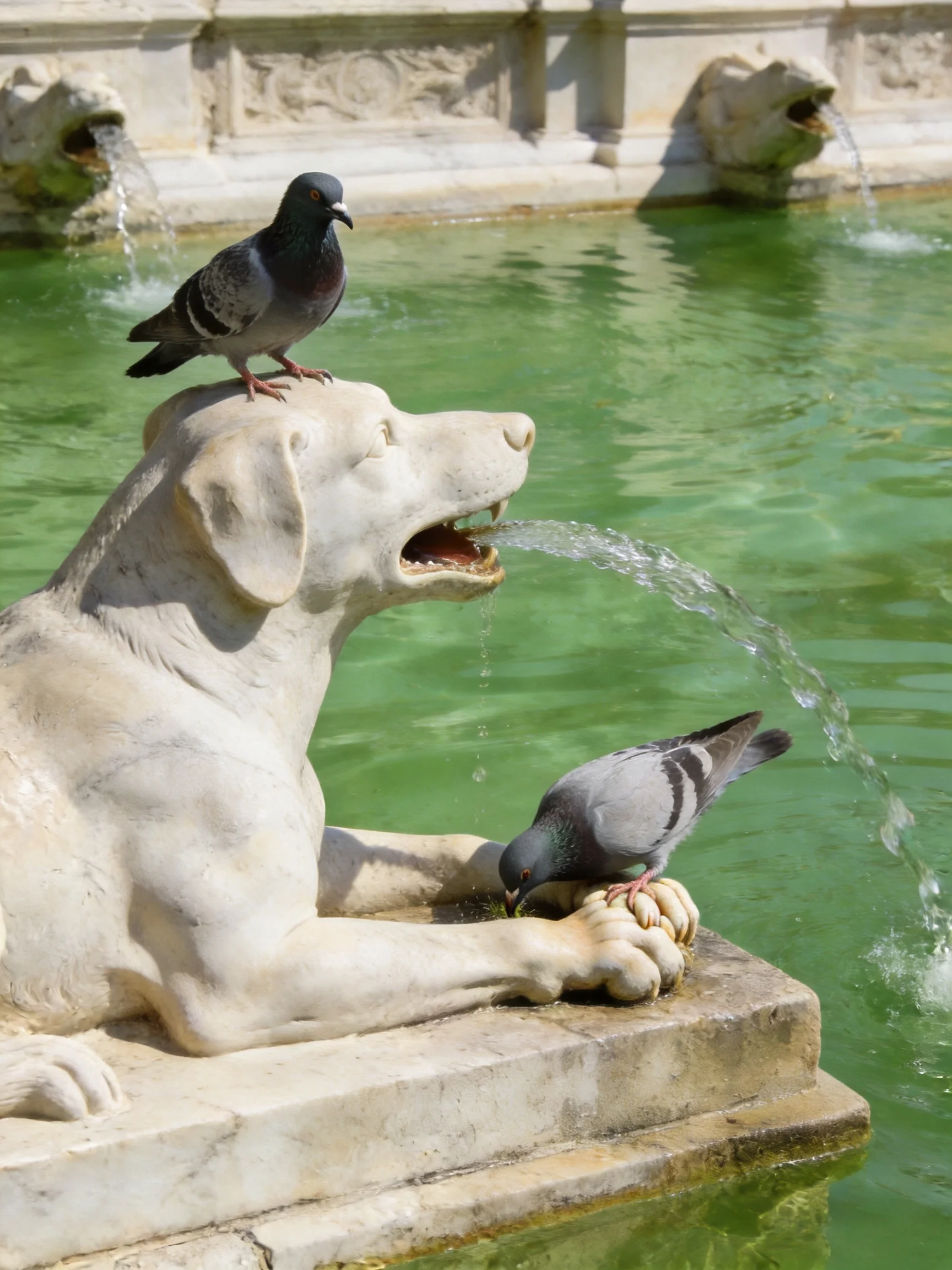 A stone dog statue with two pigeons by a green fountain