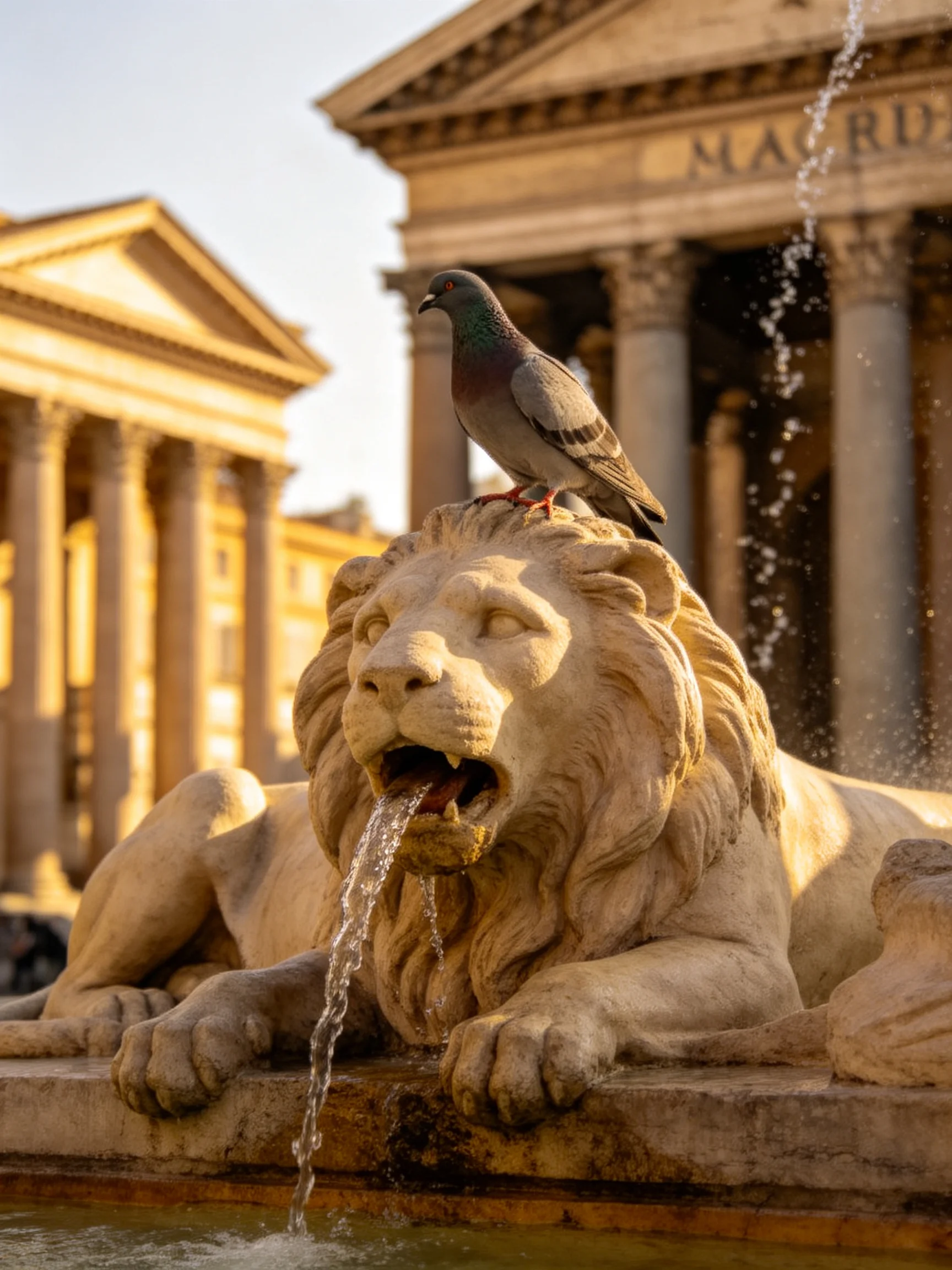 A stone lion fountain with a pigeon near grand classical buildings
