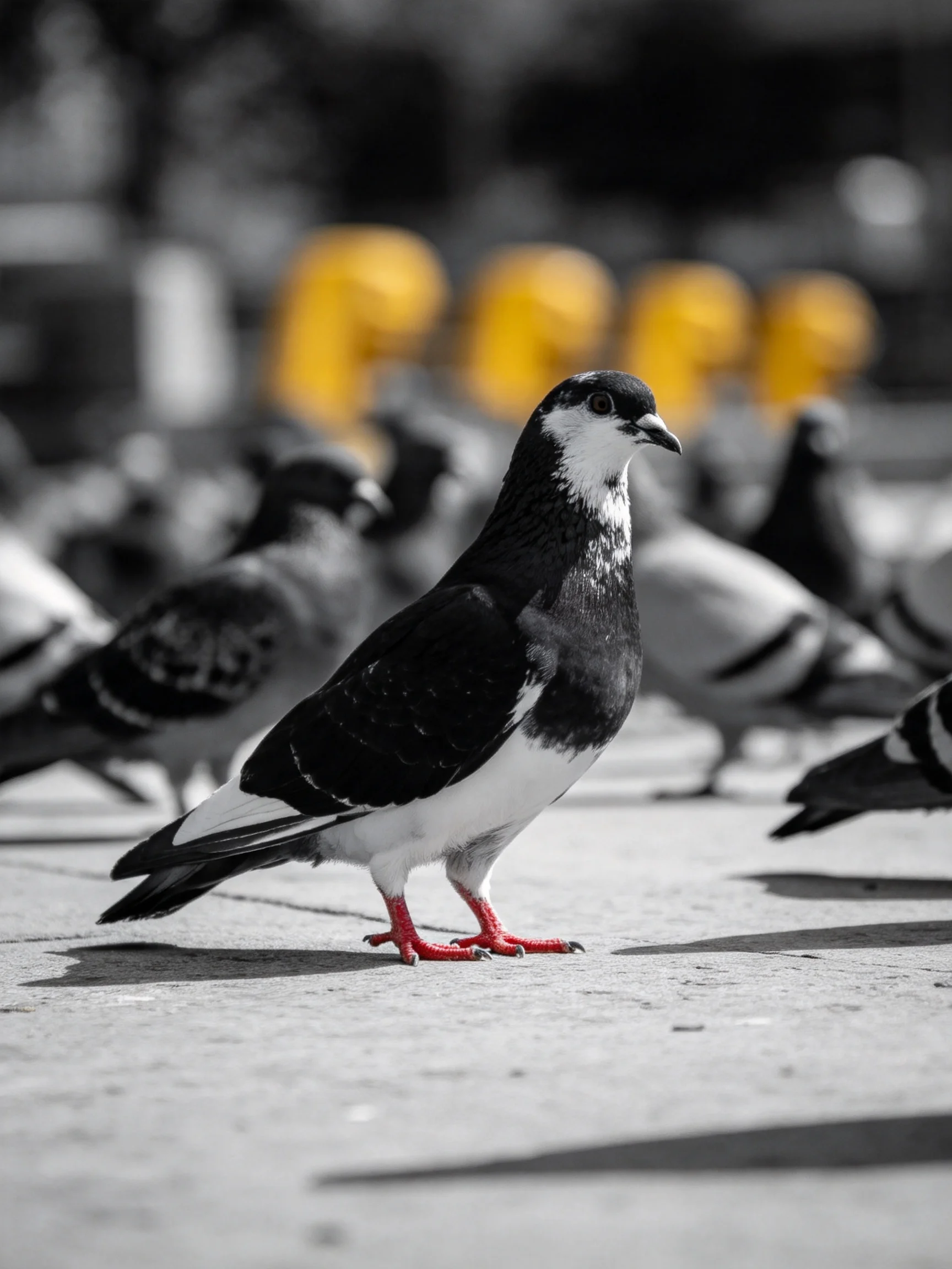 A striking pigeon with red feet amid a flock near yellow blurred structures
