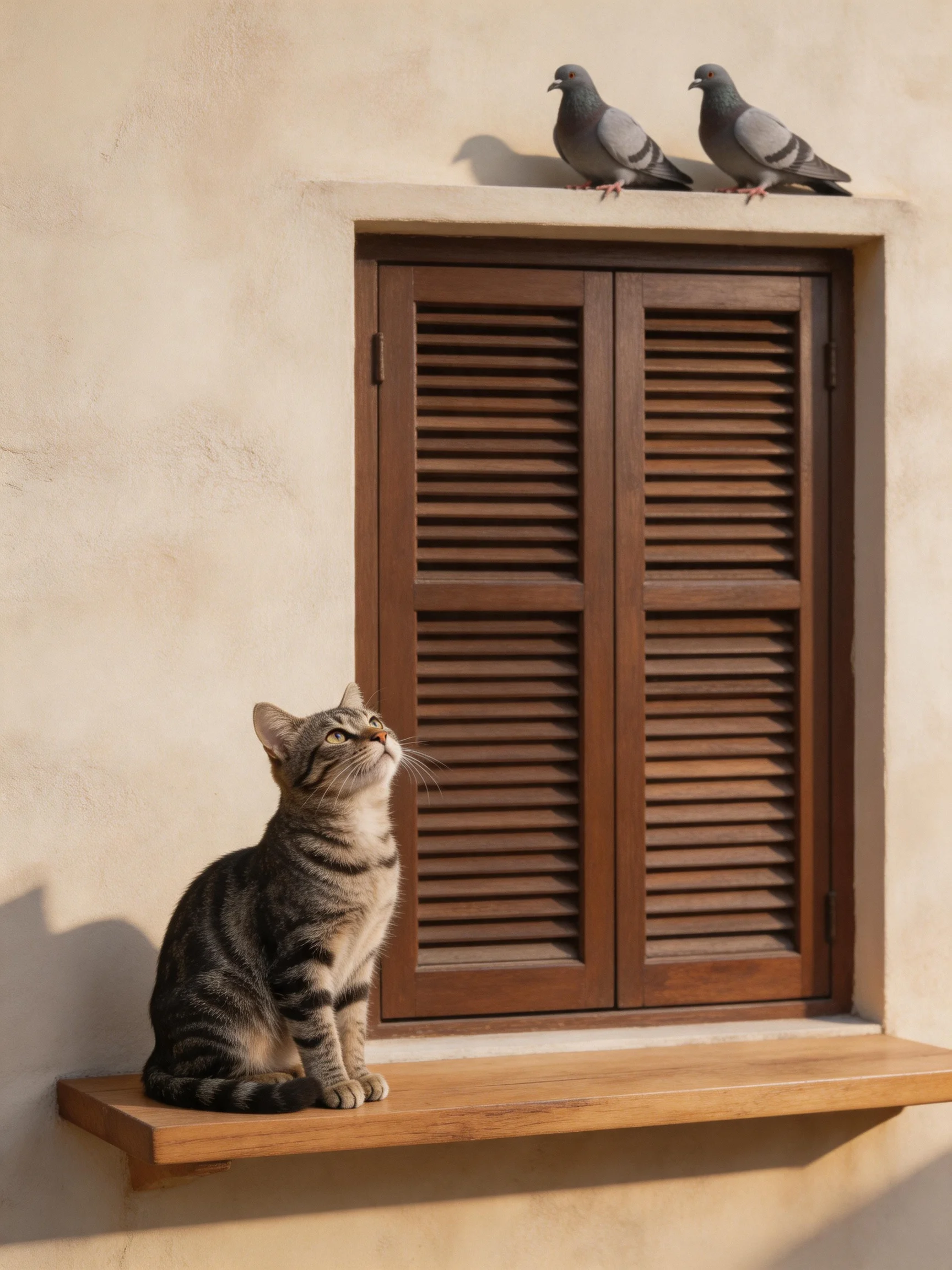 A striped tabby cat watches two gray pigeons near a brown shuttered window