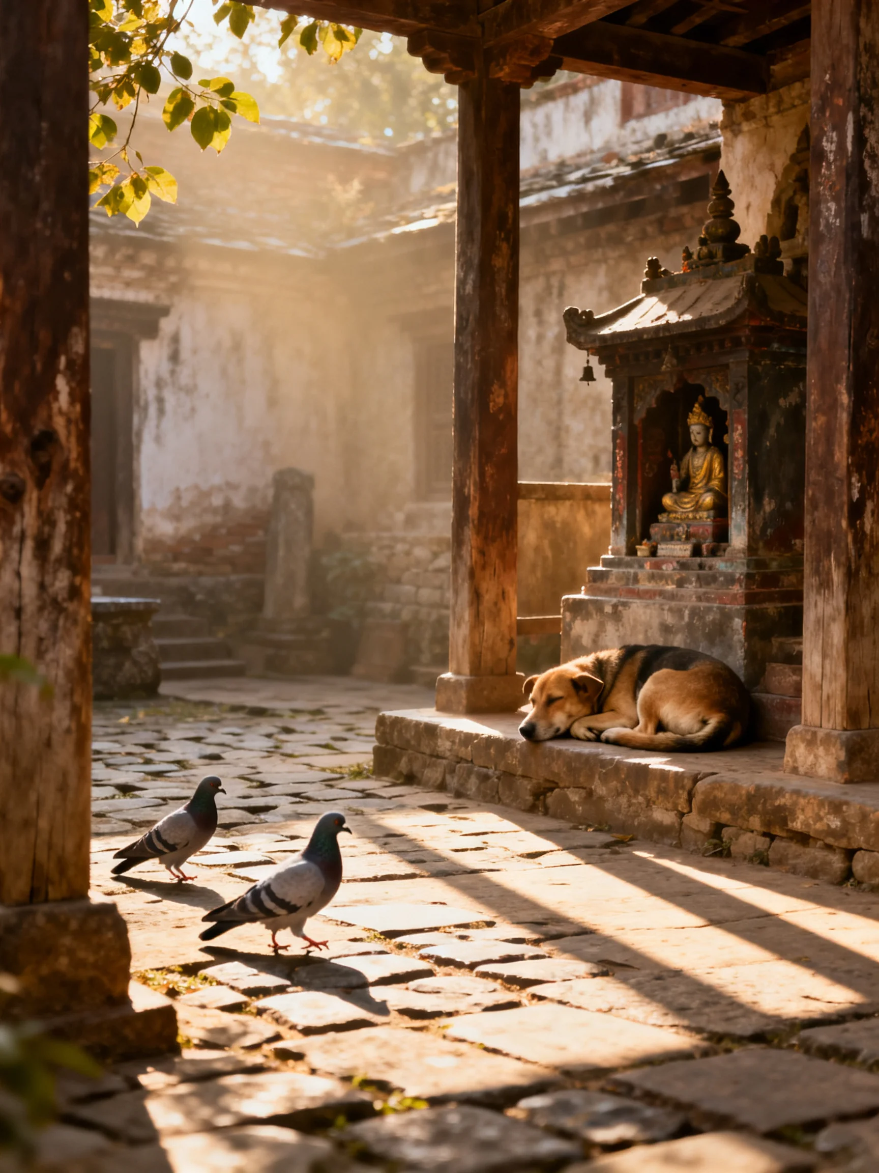 A peaceful courtyard scene with a sleeping dog, pigeons, and historic architecture.