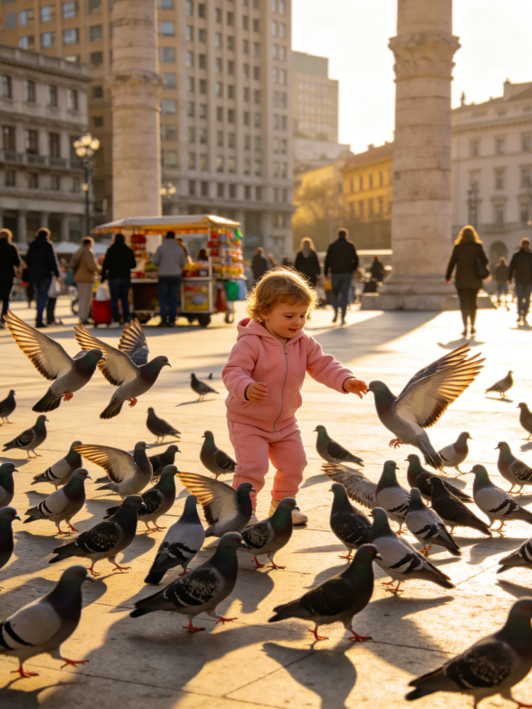 A toddler in pink interacts with many pigeons in an urban plaza