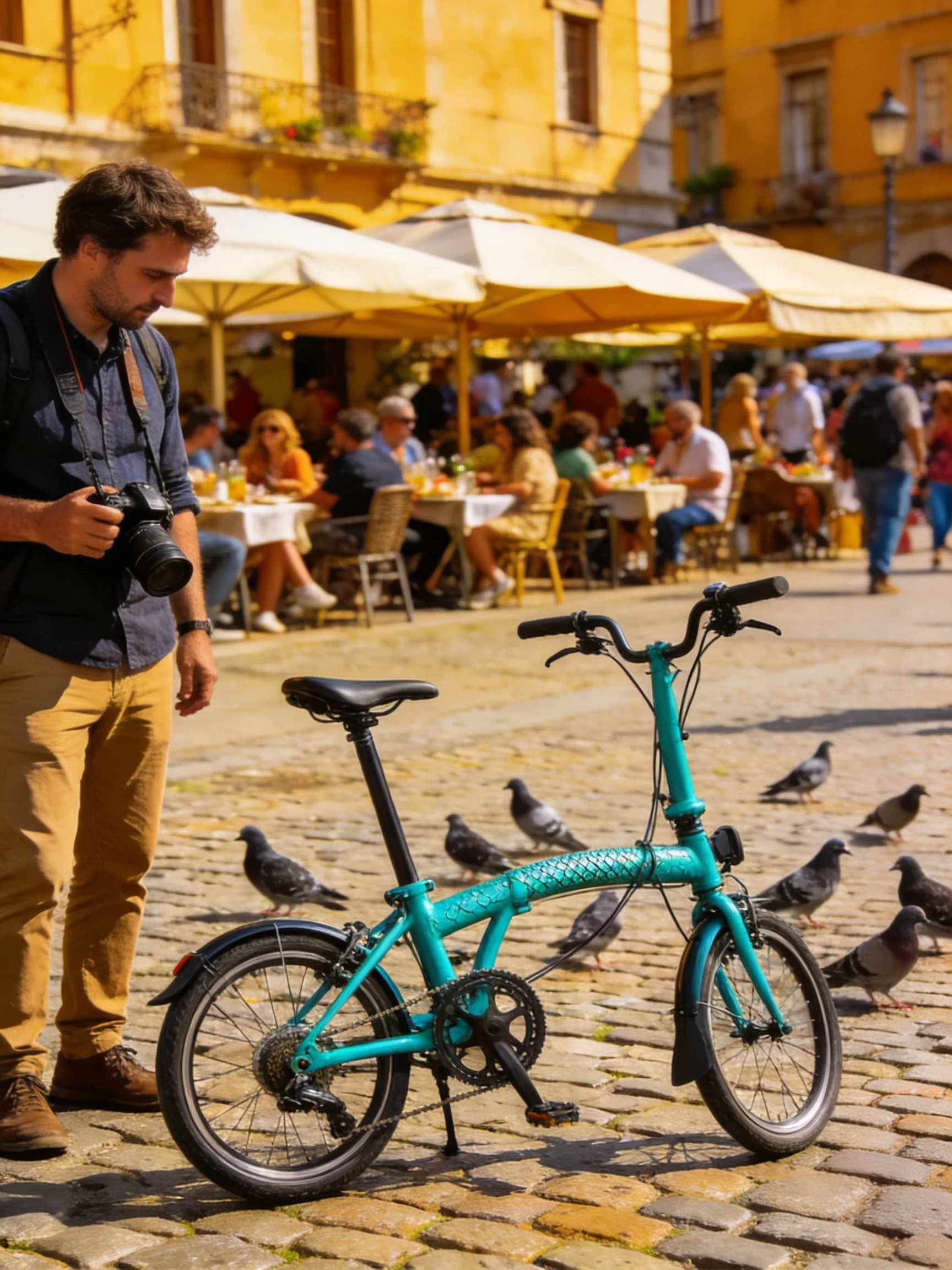 A turquoise folding bicycle rests among pigeons on a cobblestone plaza