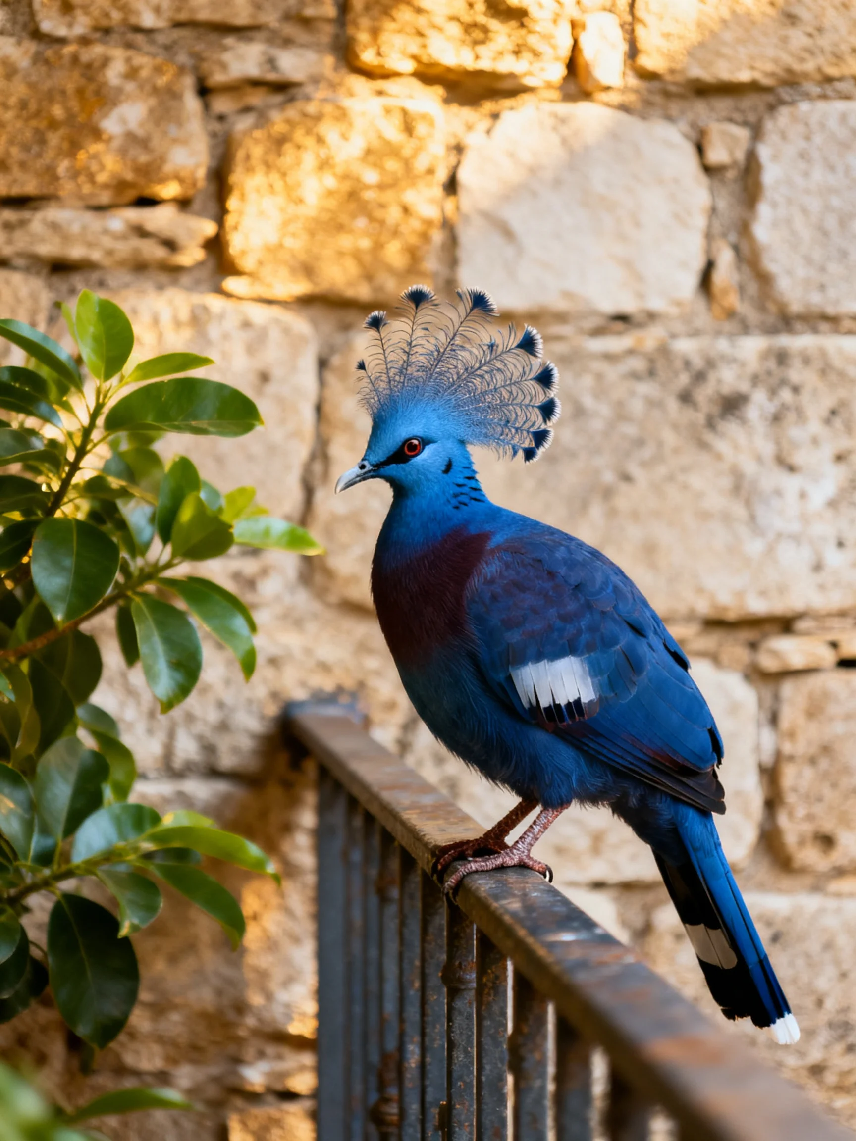 A vibrant blue crested bird perched by an aged stone wall