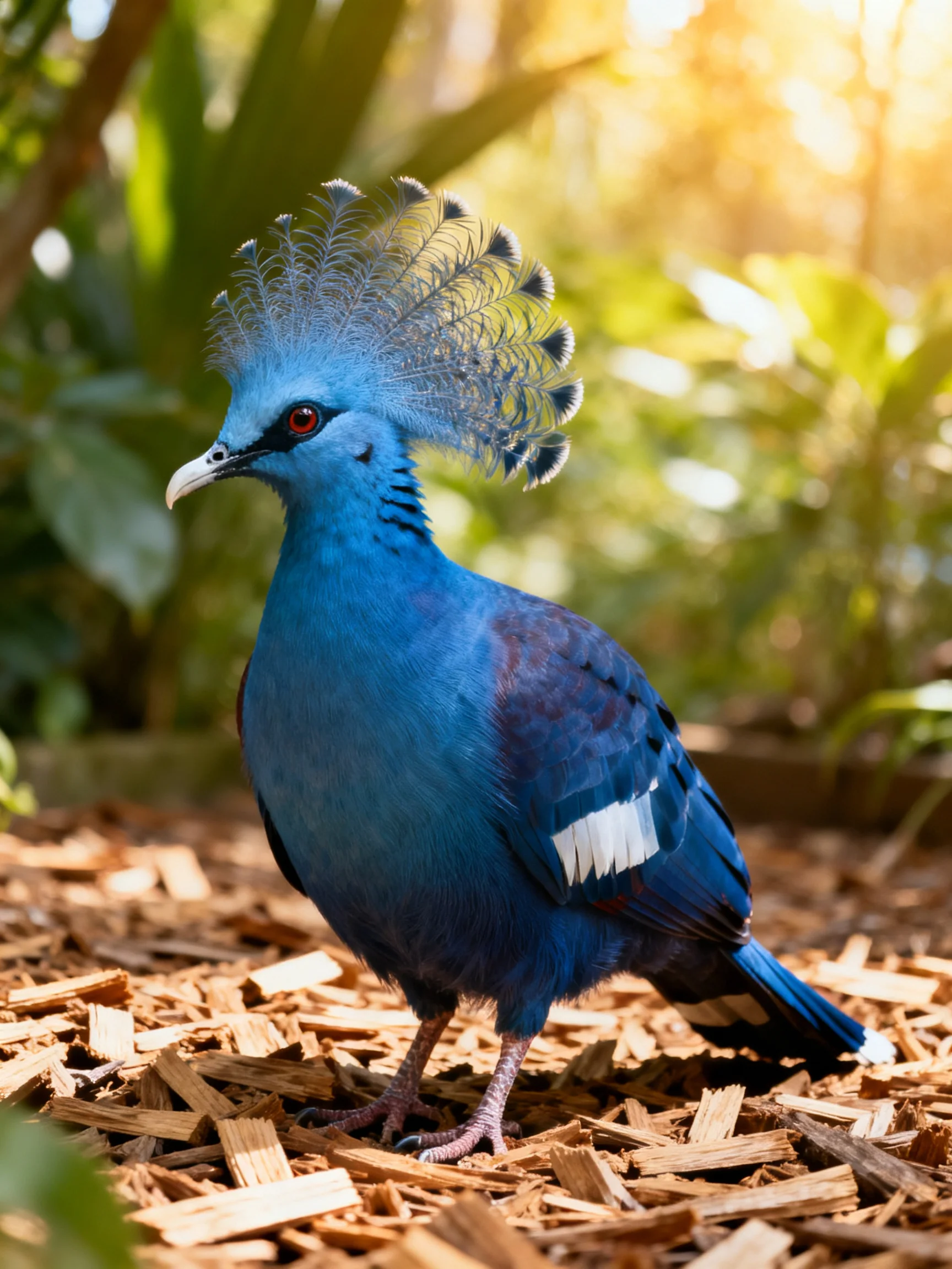 A vibrant blue crested bird stands on wood chips in a sunlit natural setting