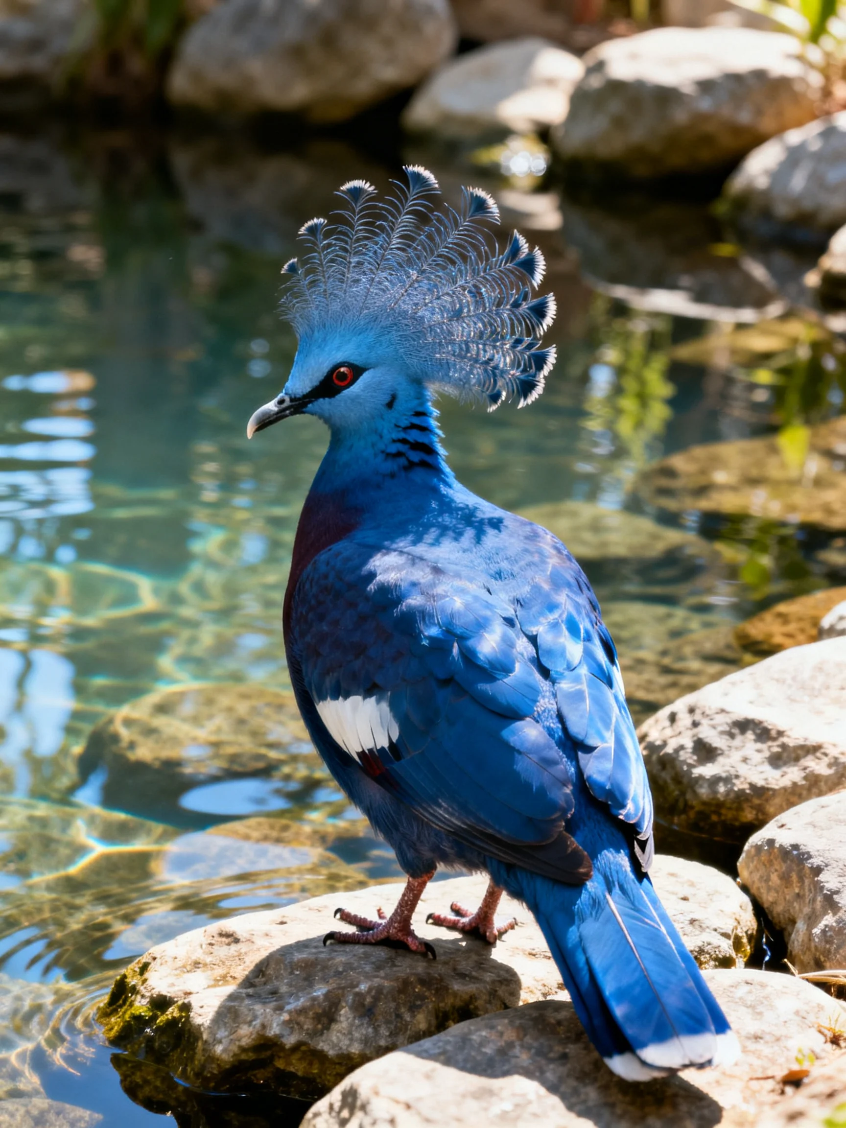 A blue crowned pigeon stands on rocks by calm water