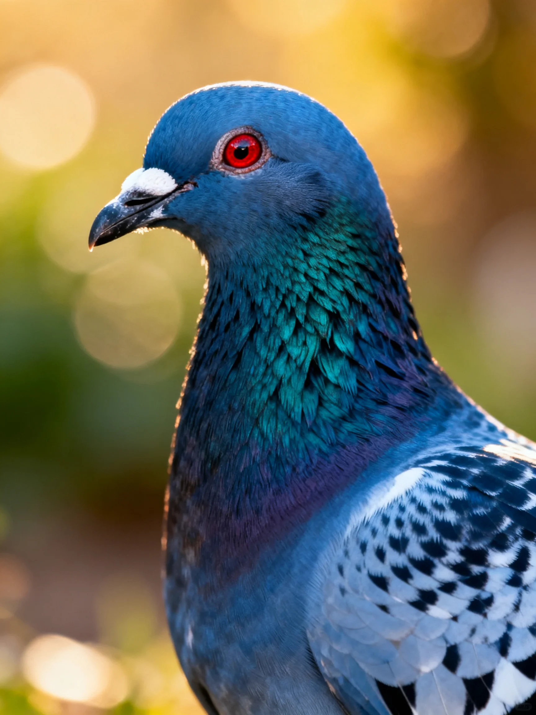 A vibrant blue-green pigeon with red eye and patterned wings
