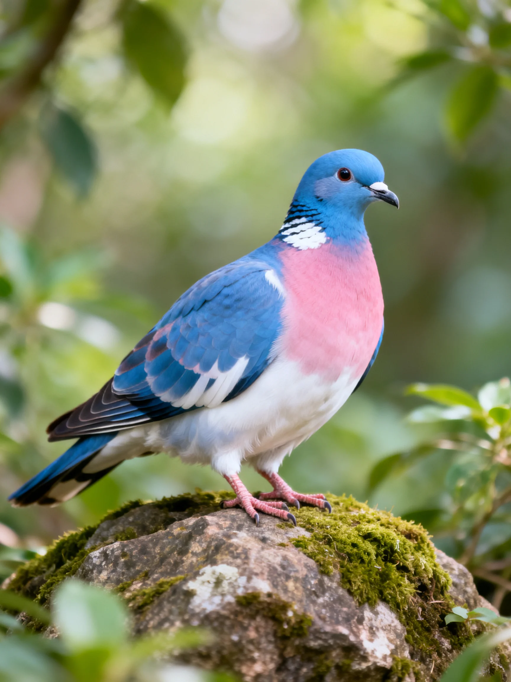 A vibrantly colored pigeon with blue, pink, and white plumage rests on a mossy stone.