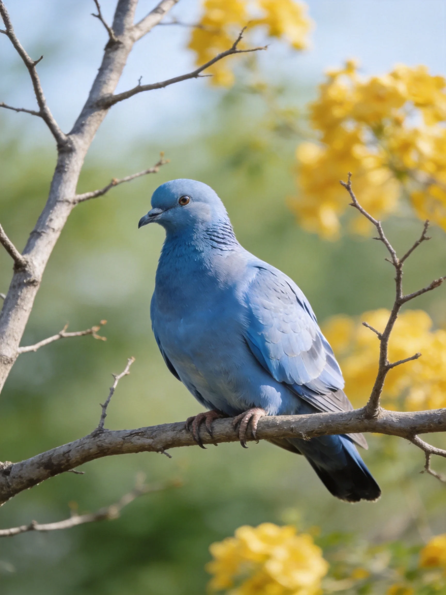 A vibrant blue pigeon perched on a bare tree branch near bright yellow blooms
